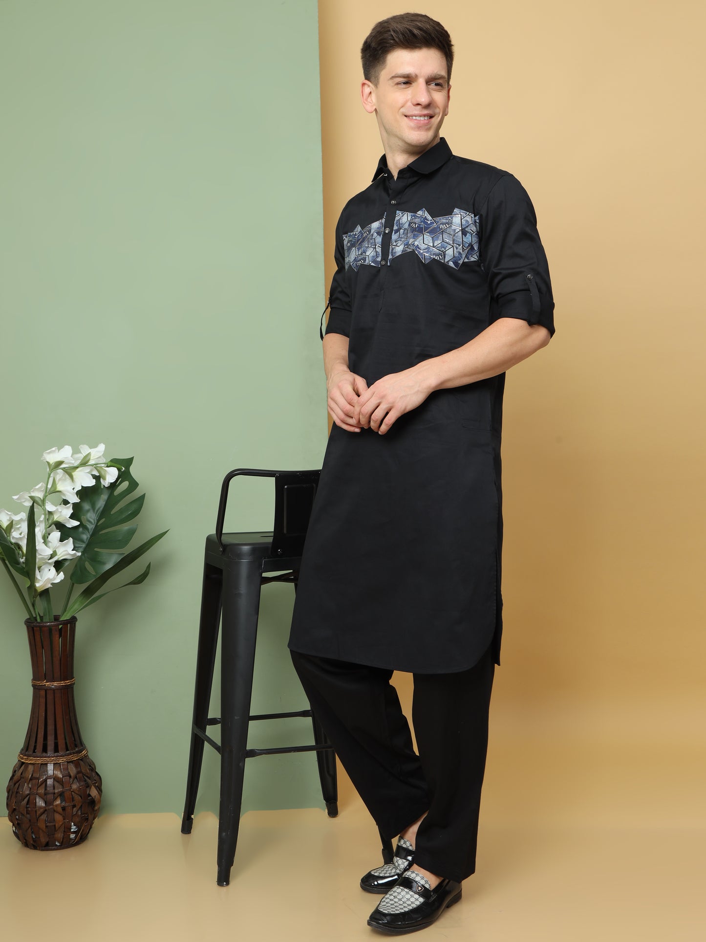 BLACK PRINTED PATHANI KURTA SET