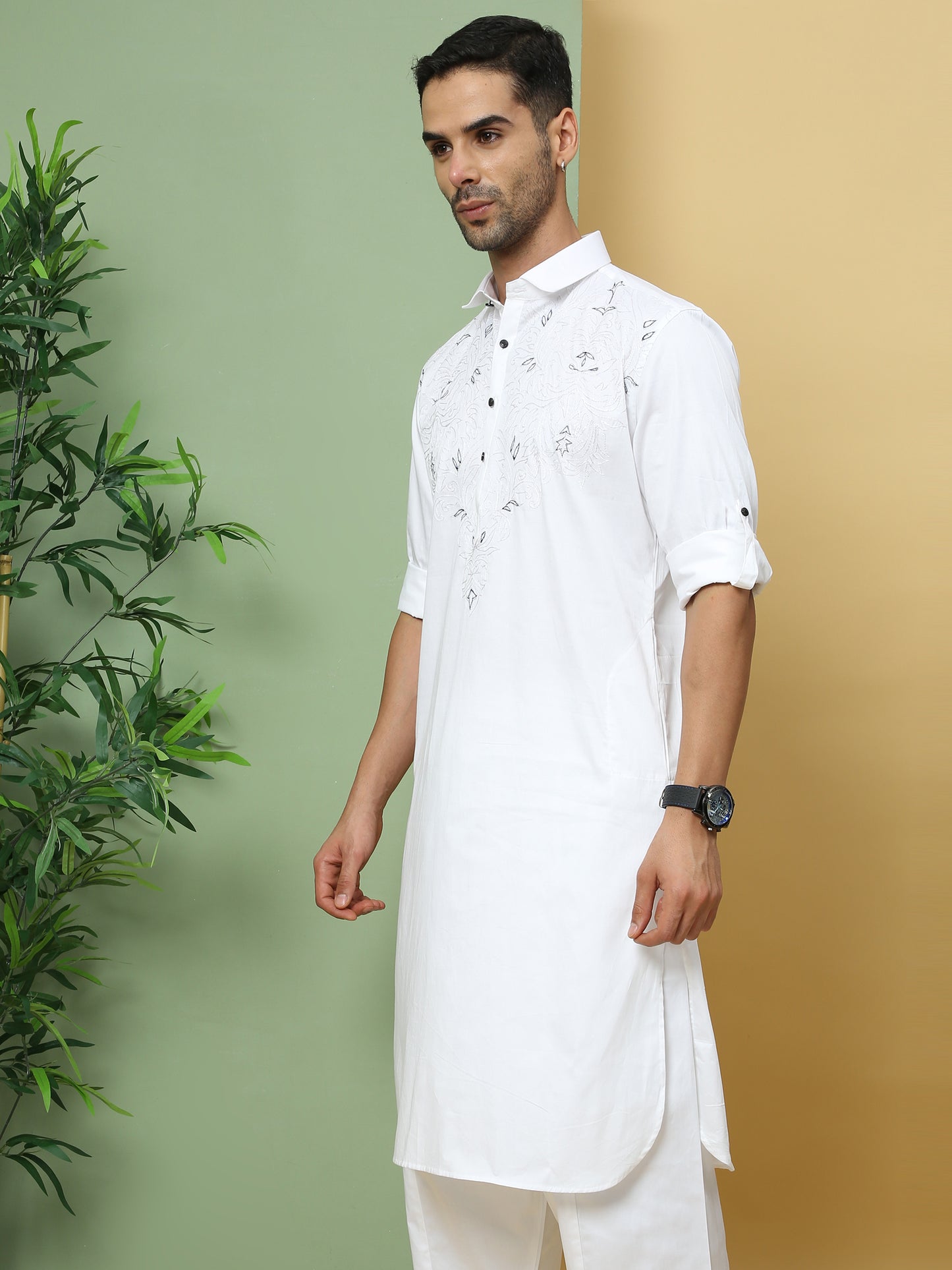 WHITE SOLID PATHANI KURTA SET