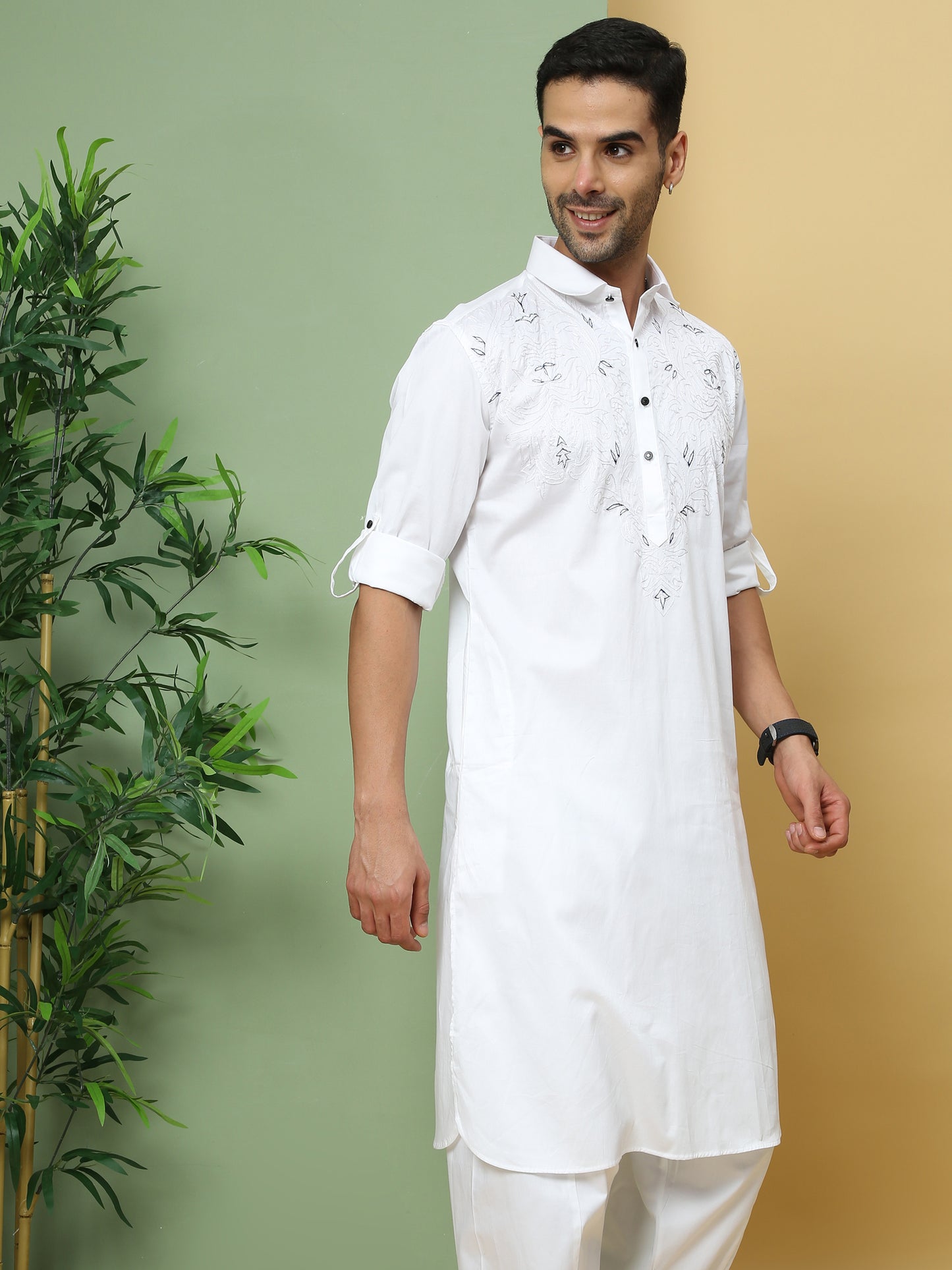 WHITE SOLID PATHANI KURTA SET