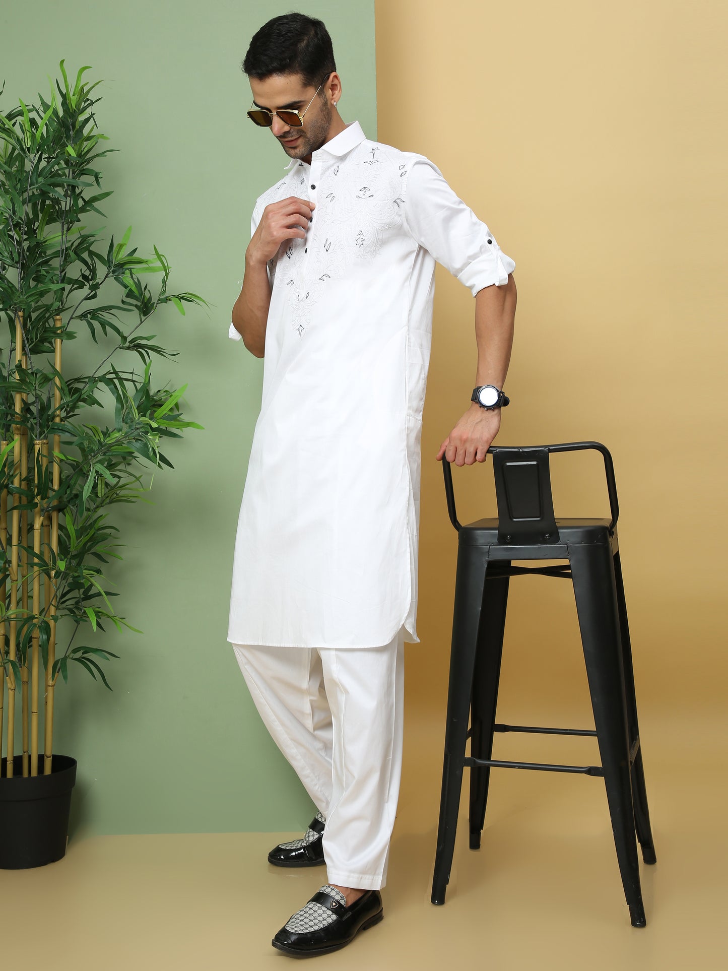 WHITE SOLID PATHANI KURTA SET