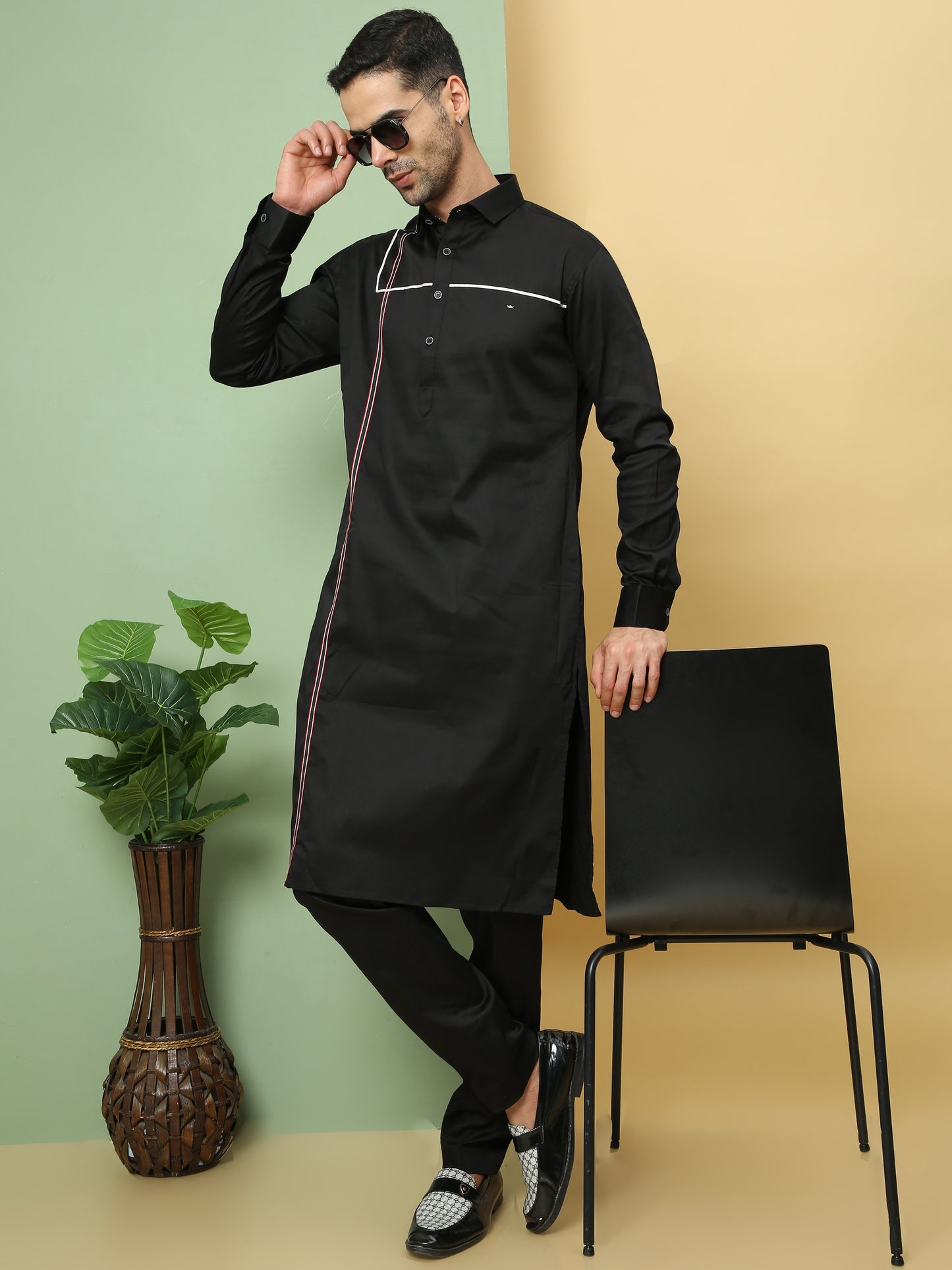 BLACK STRIPE PRINTED PATHANI KURTA SET