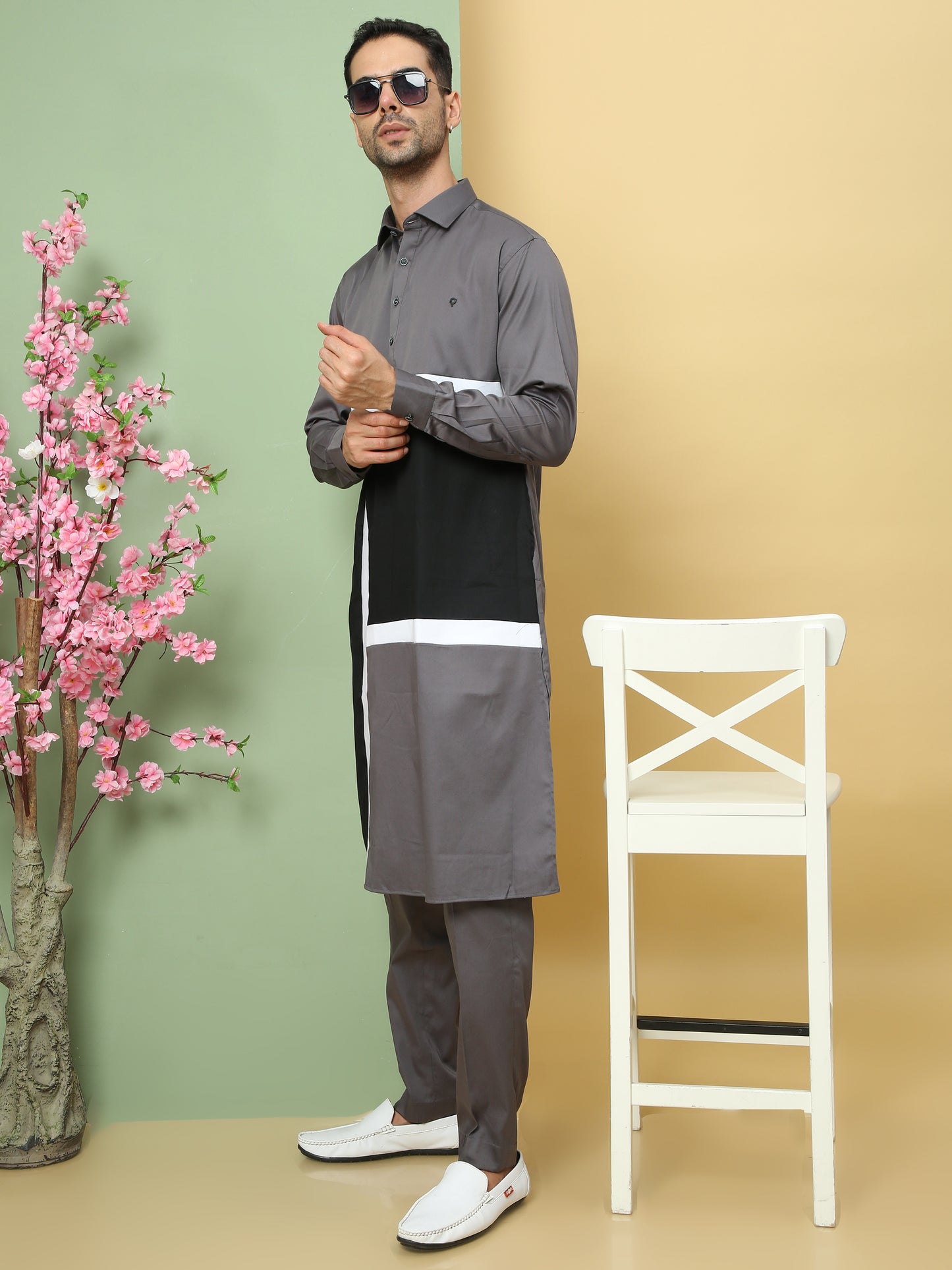 GREY PATTERNED PATHANI KURTA SET