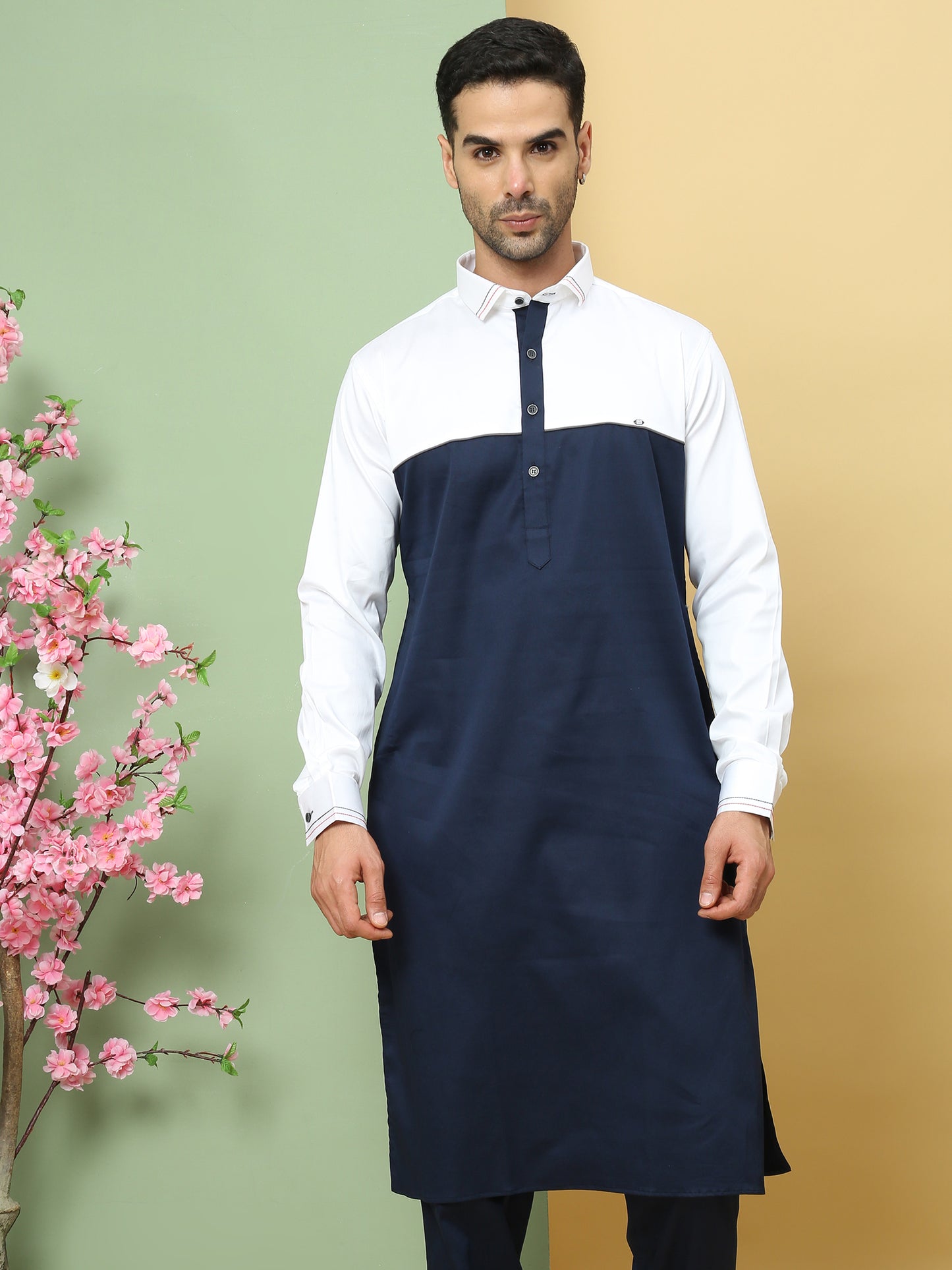 WHITE TEALISH BLUE PATTERNED PATHANI KURTA SET