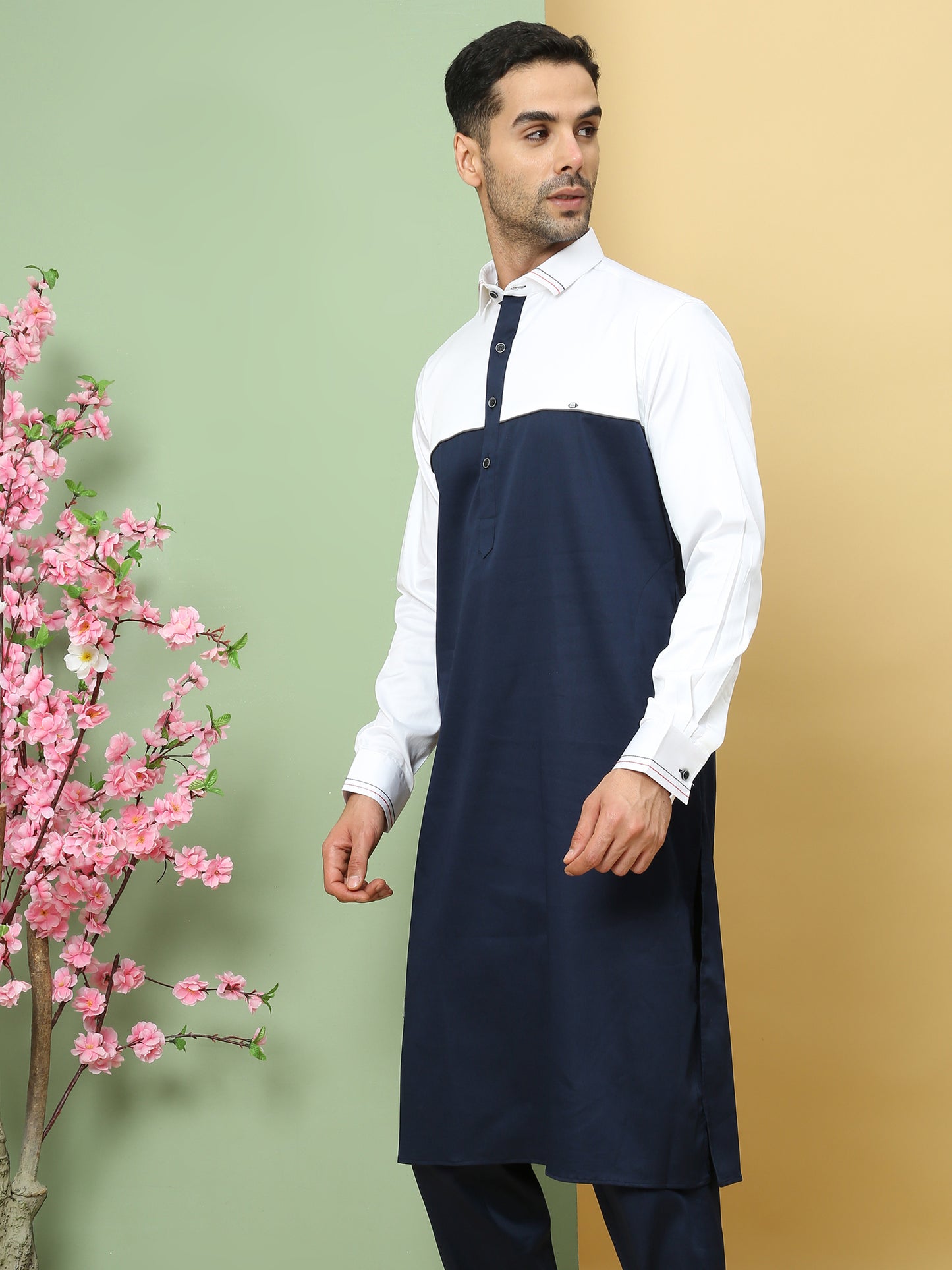 WHITE TEALISH BLUE PATTERNED PATHANI KURTA SET
