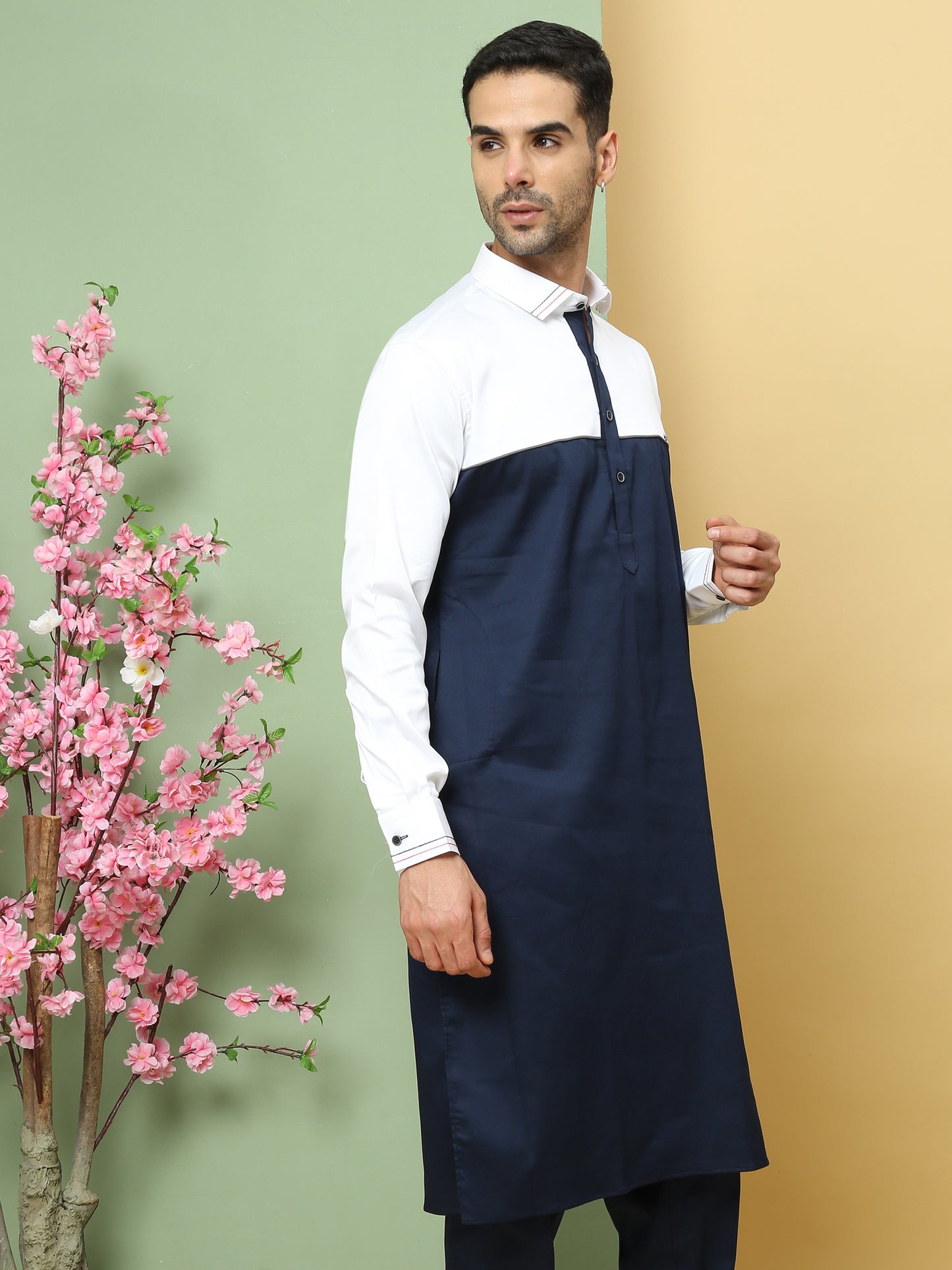 WHITE TEALISH BLUE PATTERNED PATHANI KURTA SET