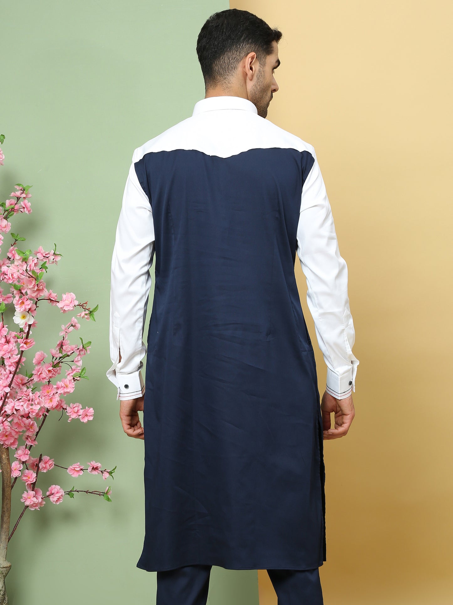 WHITE TEALISH BLUE PATTERNED PATHANI KURTA SET