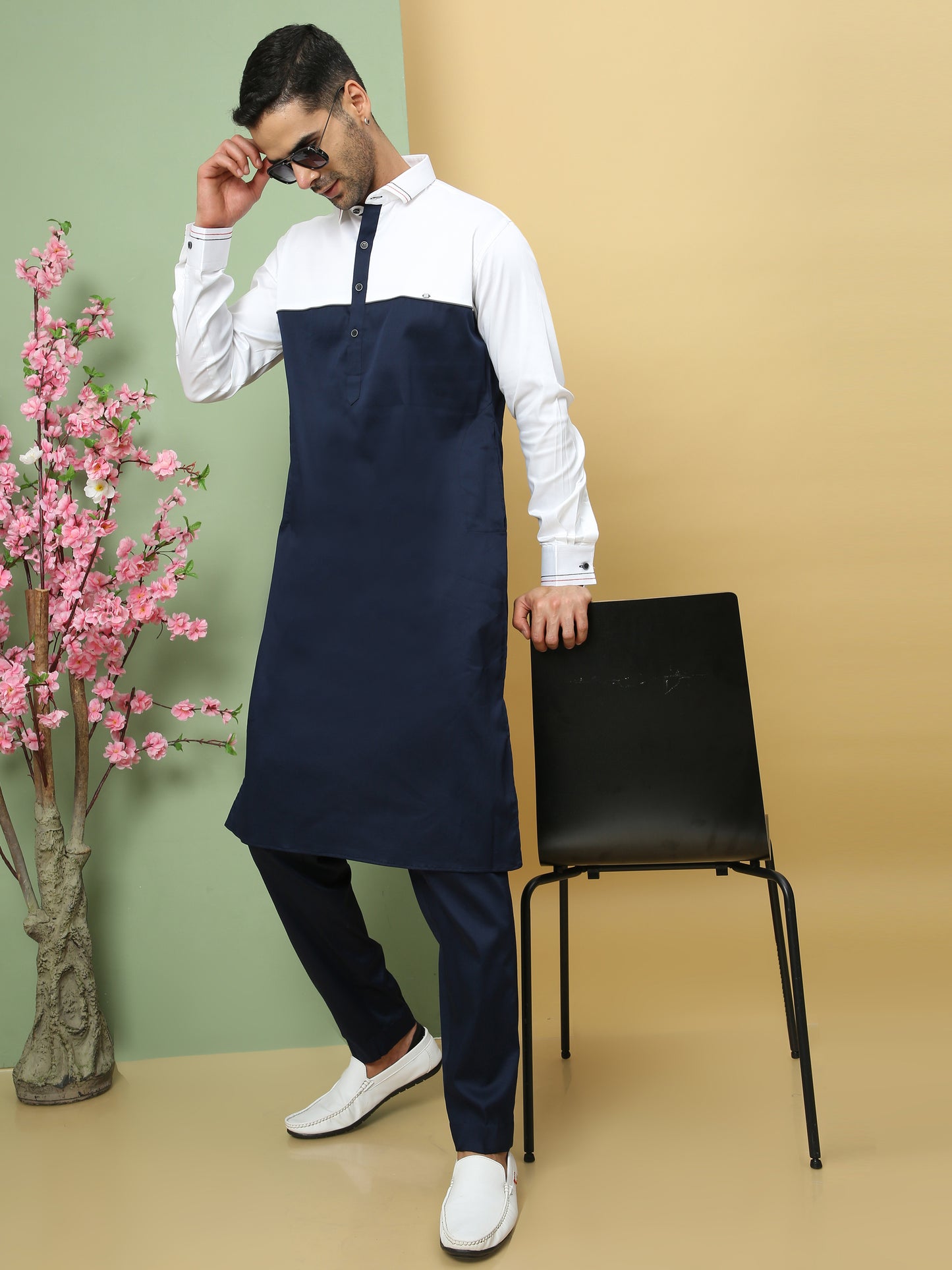 WHITE TEALISH BLUE PATTERNED PATHANI KURTA SET