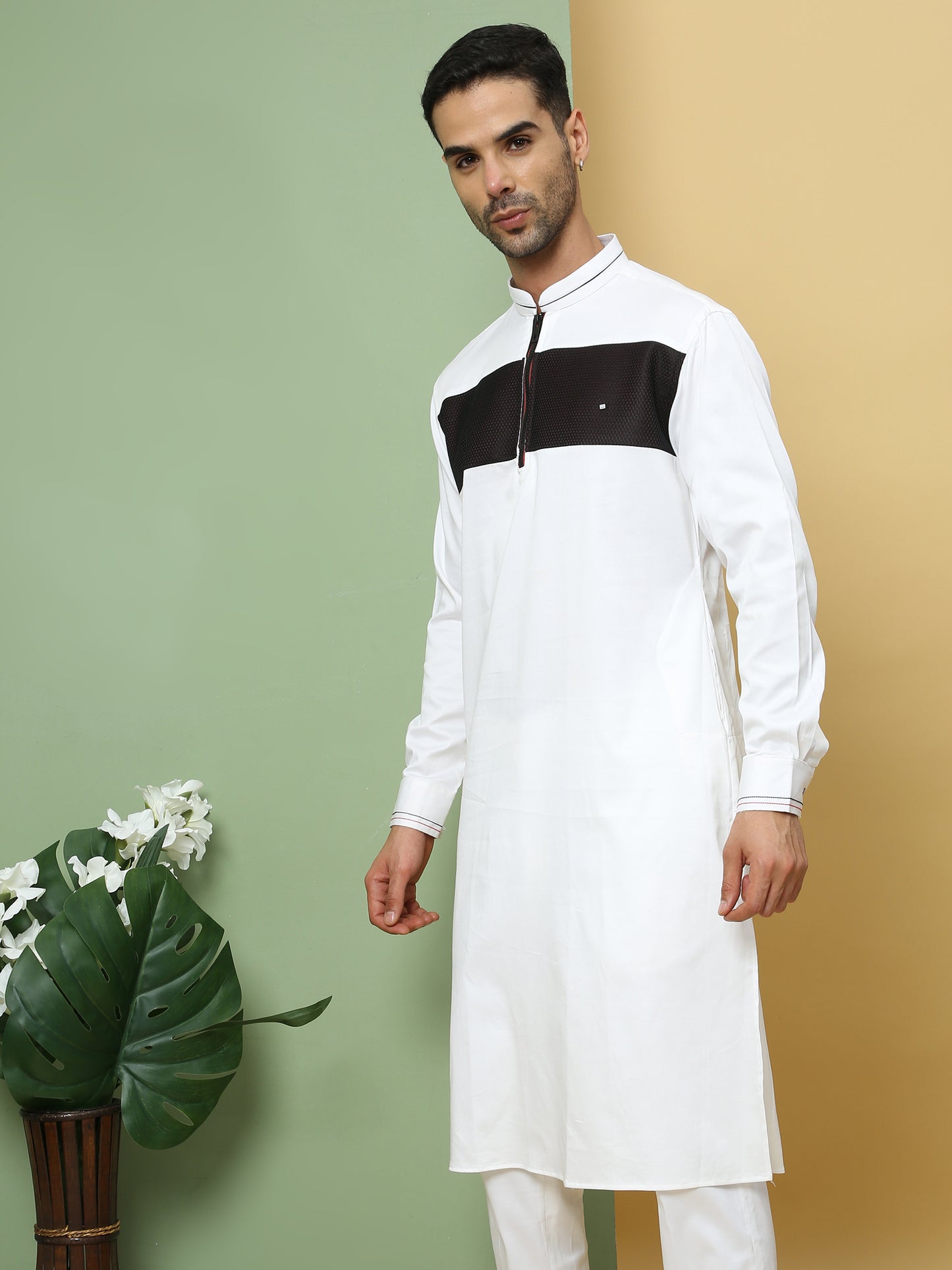 WHITE & BLACK PATTERNED PATHANI KURTA SET
