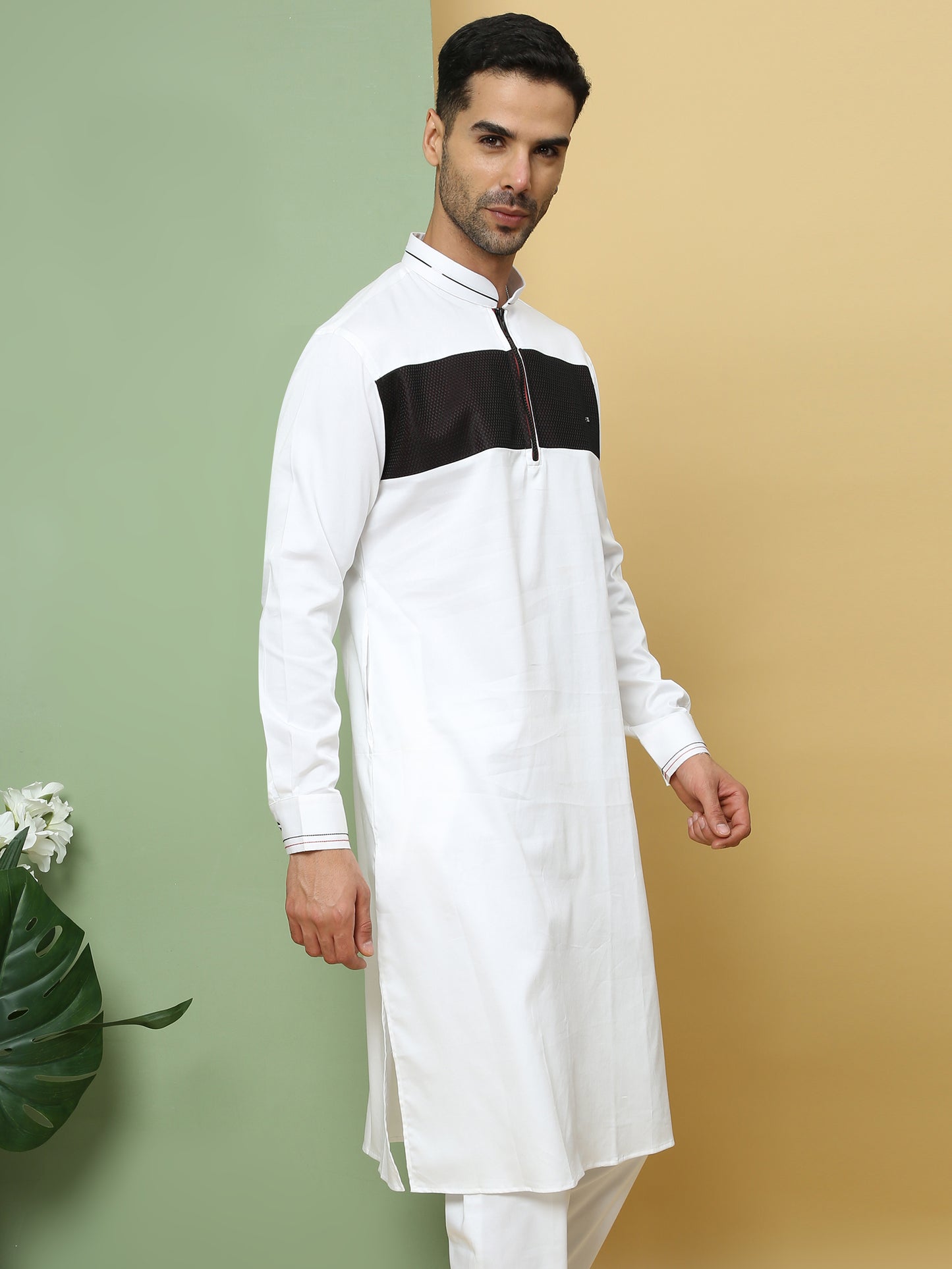WHITE & BLACK PATTERNED PATHANI KURTA SET