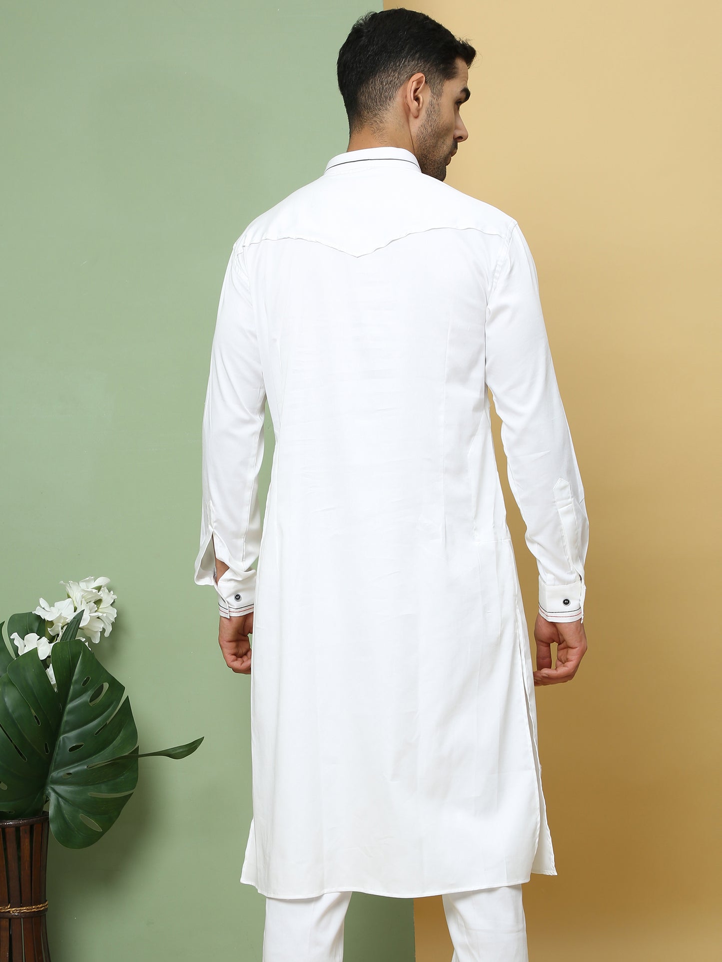 WHITE & BLACK PATTERNED PATHANI KURTA SET