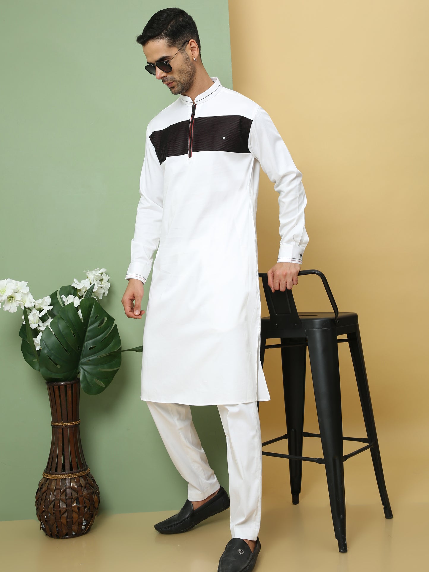 WHITE & BLACK PATTERNED PATHANI KURTA SET