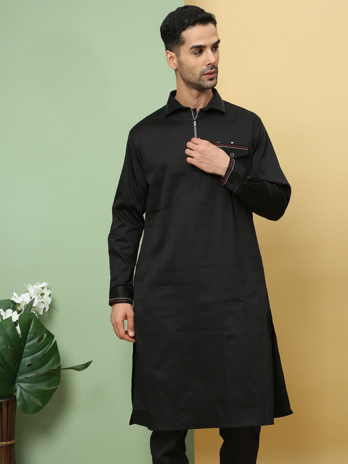 BLACK SOLID PATHANI KURTA SET