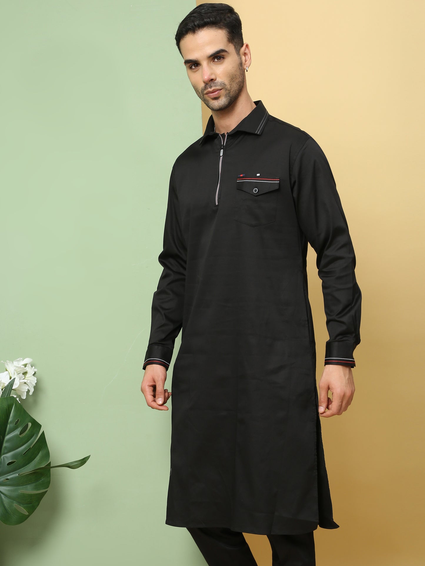 BLACK SOLID PATHANI KURTA SET