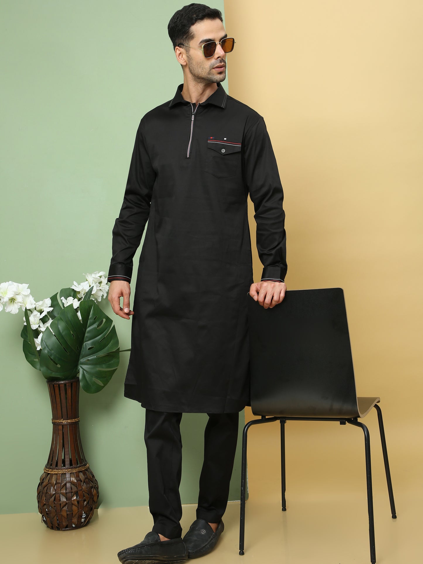 BLACK SOLID PATHANI KURTA SET