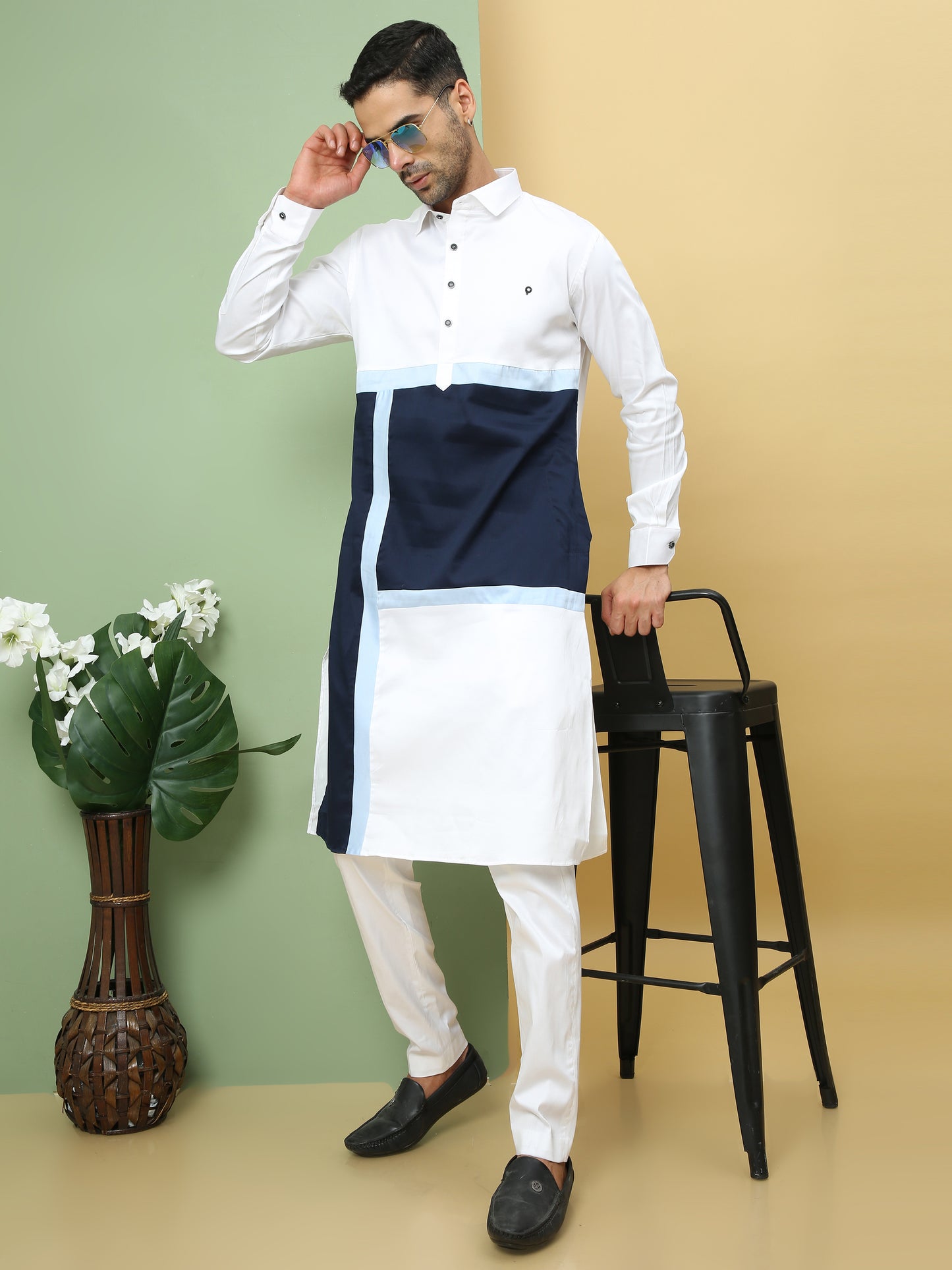 WHITE ABSTRACT PATTERNED PATHANI KURTA SET