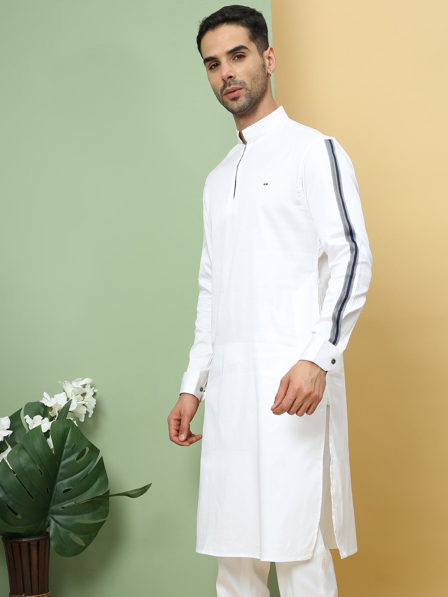 WHITE STRIPE PRINTED SLEEVE PATHANI KURTA SET