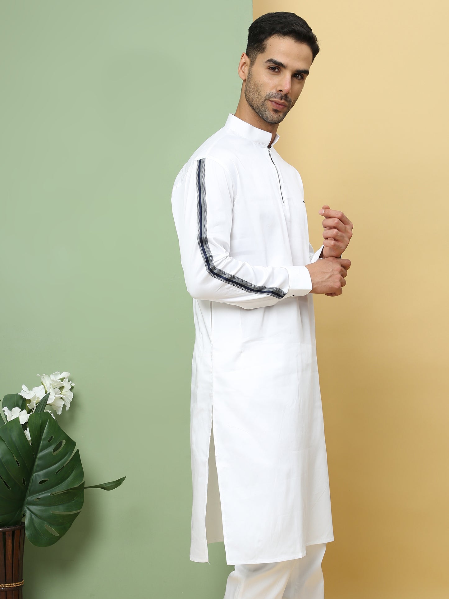 WHITE STRIPE PRINTED SLEEVE PATHANI KURTA SET