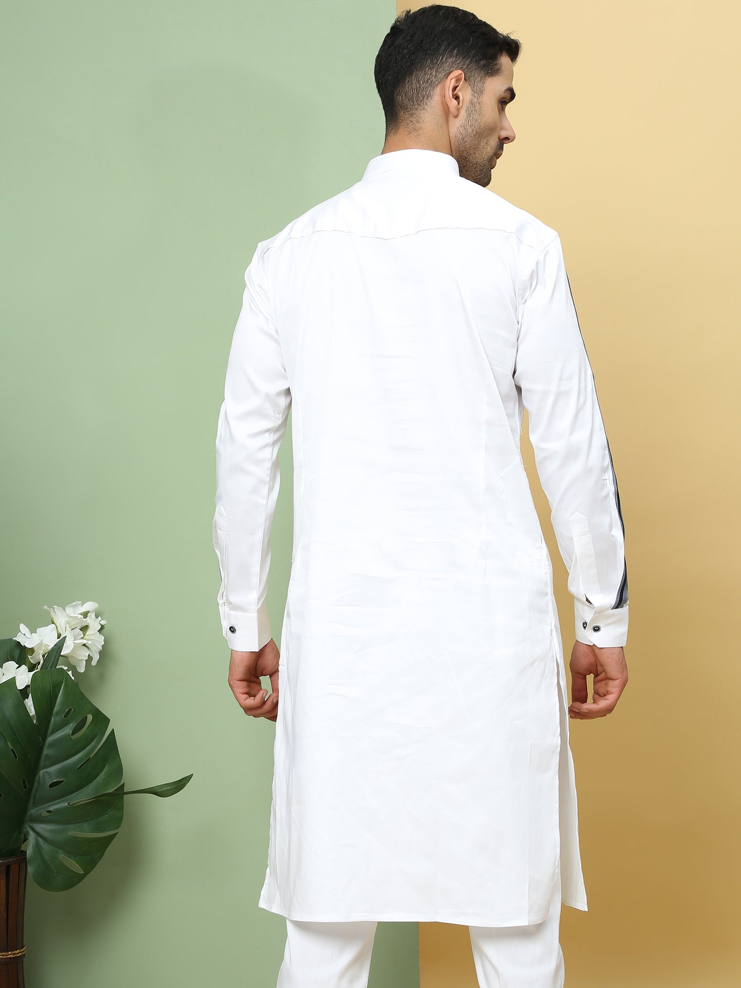 WHITE STRIPE PRINTED SLEEVE PATHANI KURTA SET