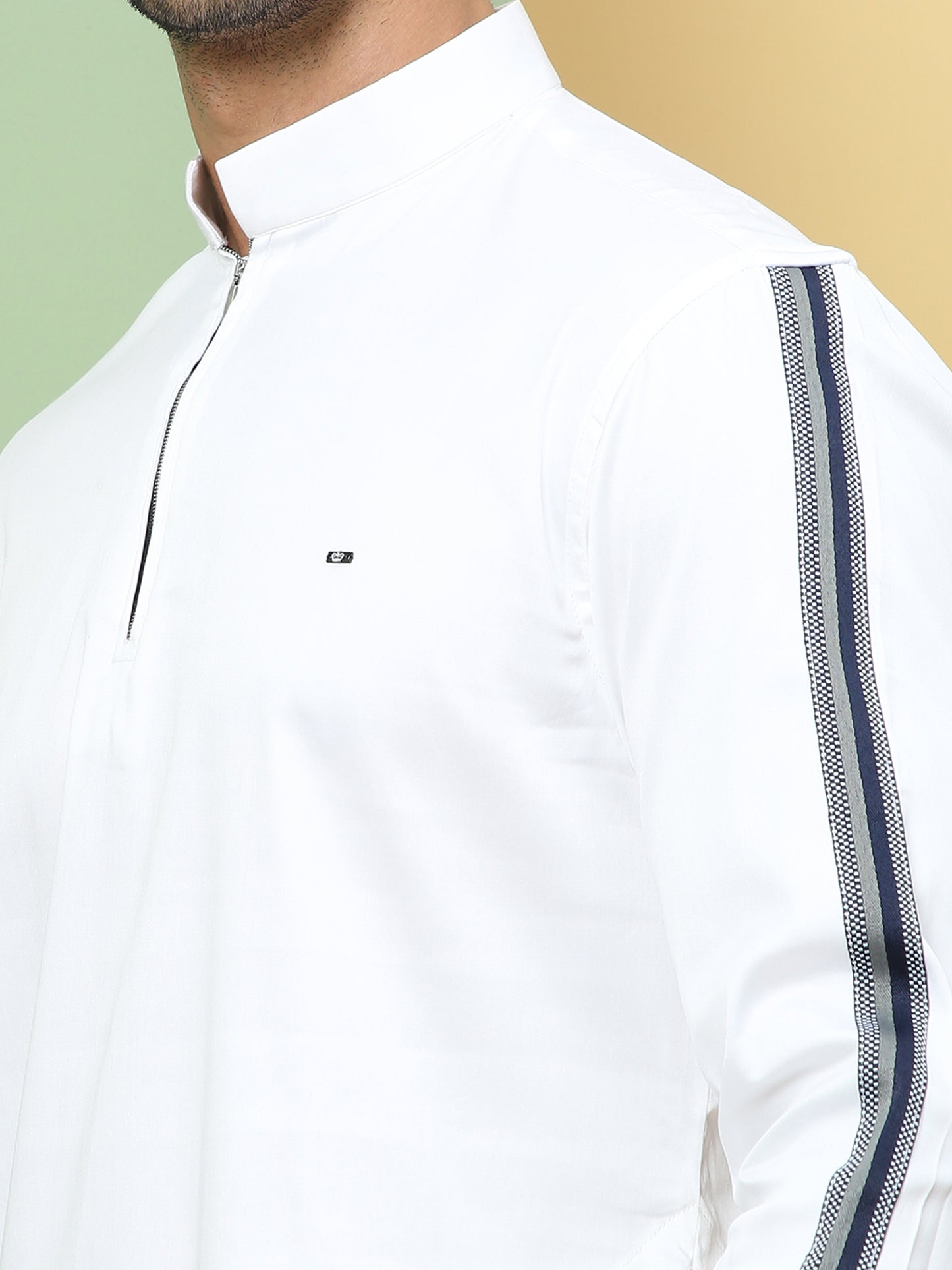 WHITE STRIPE PRINTED SLEEVE PATHANI KURTA SET