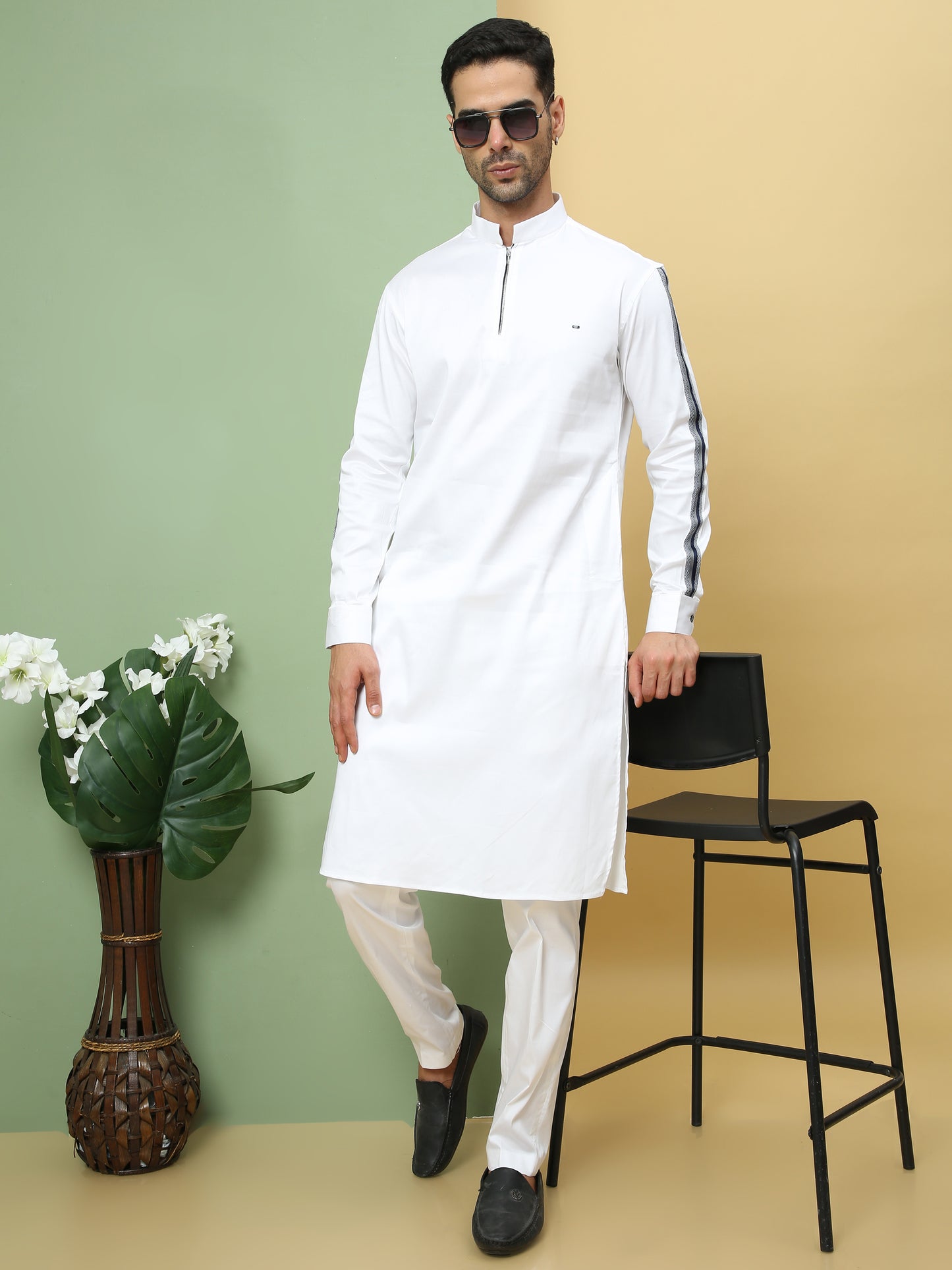 WHITE STRIPE PRINTED SLEEVE PATHANI KURTA SET