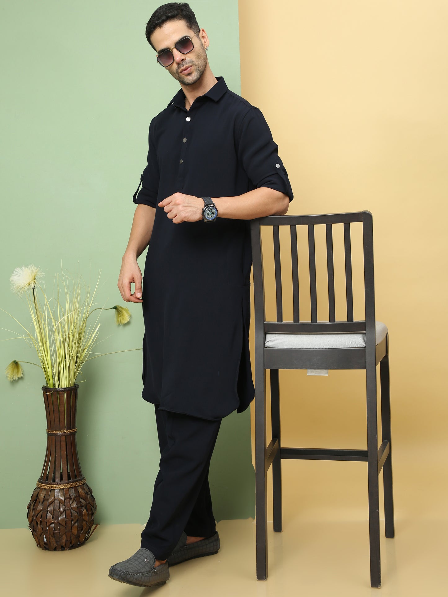 BLACK SOLID PATHANI KURTA SET