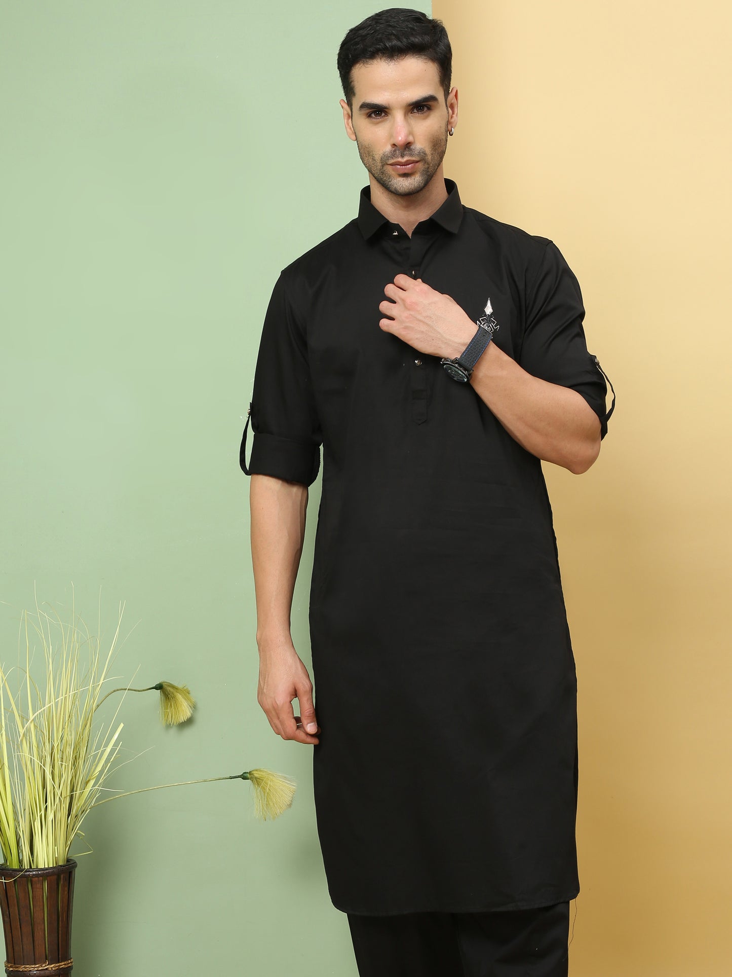 BLACK SOLID PATHANI KURTA SET