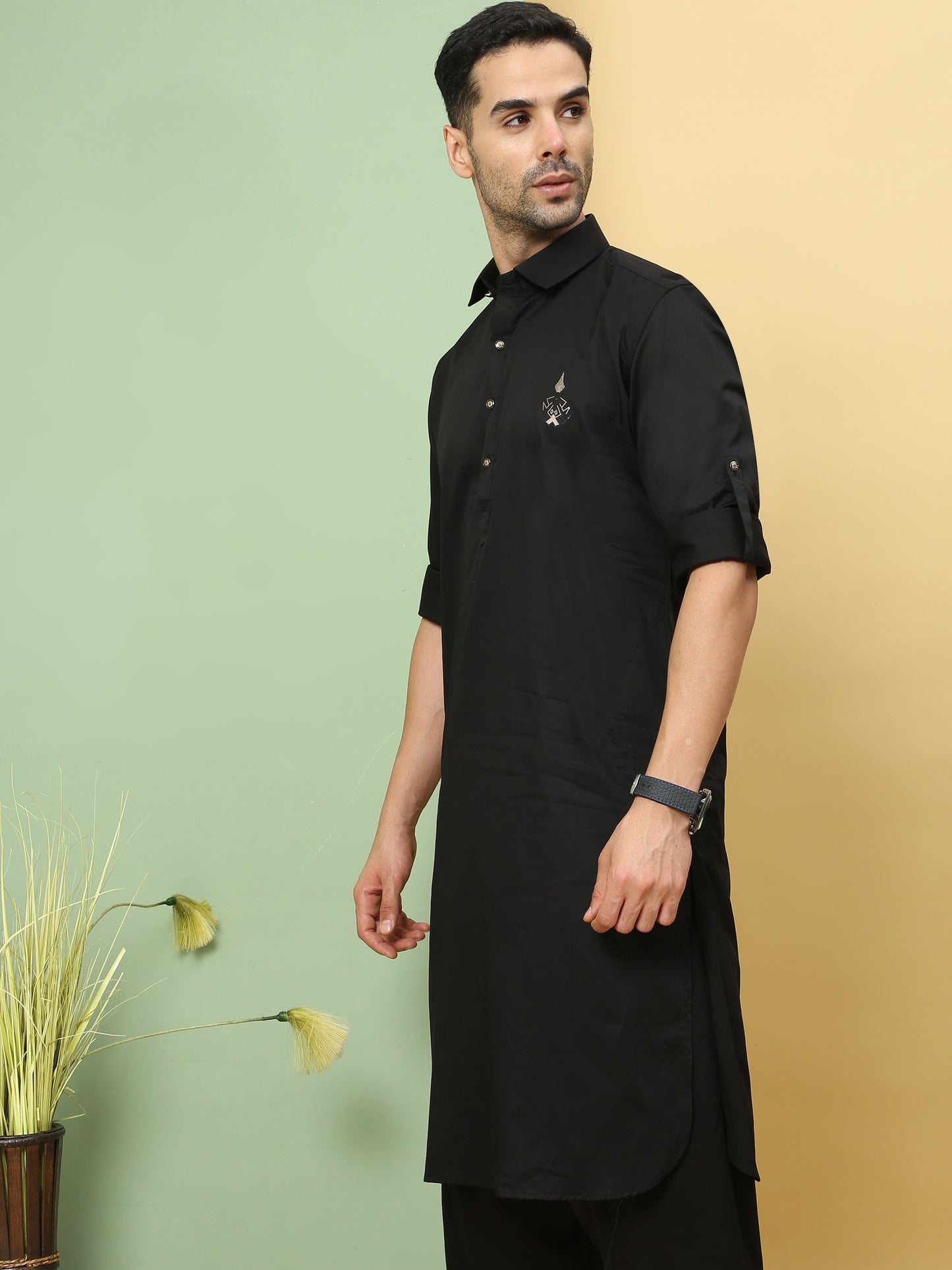BLACK SOLID PATHANI KURTA SET
