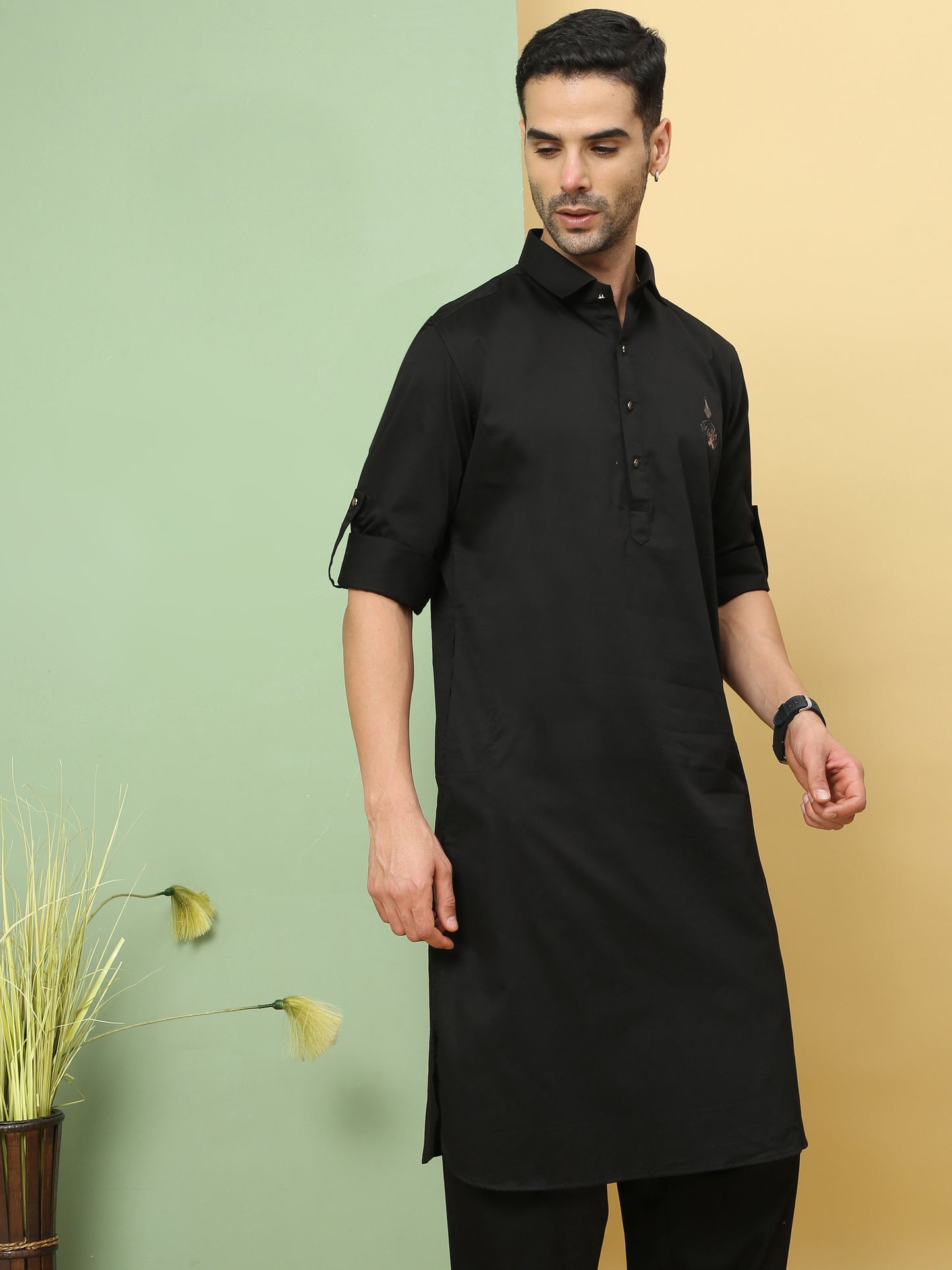 BLACK SOLID PATHANI KURTA SET