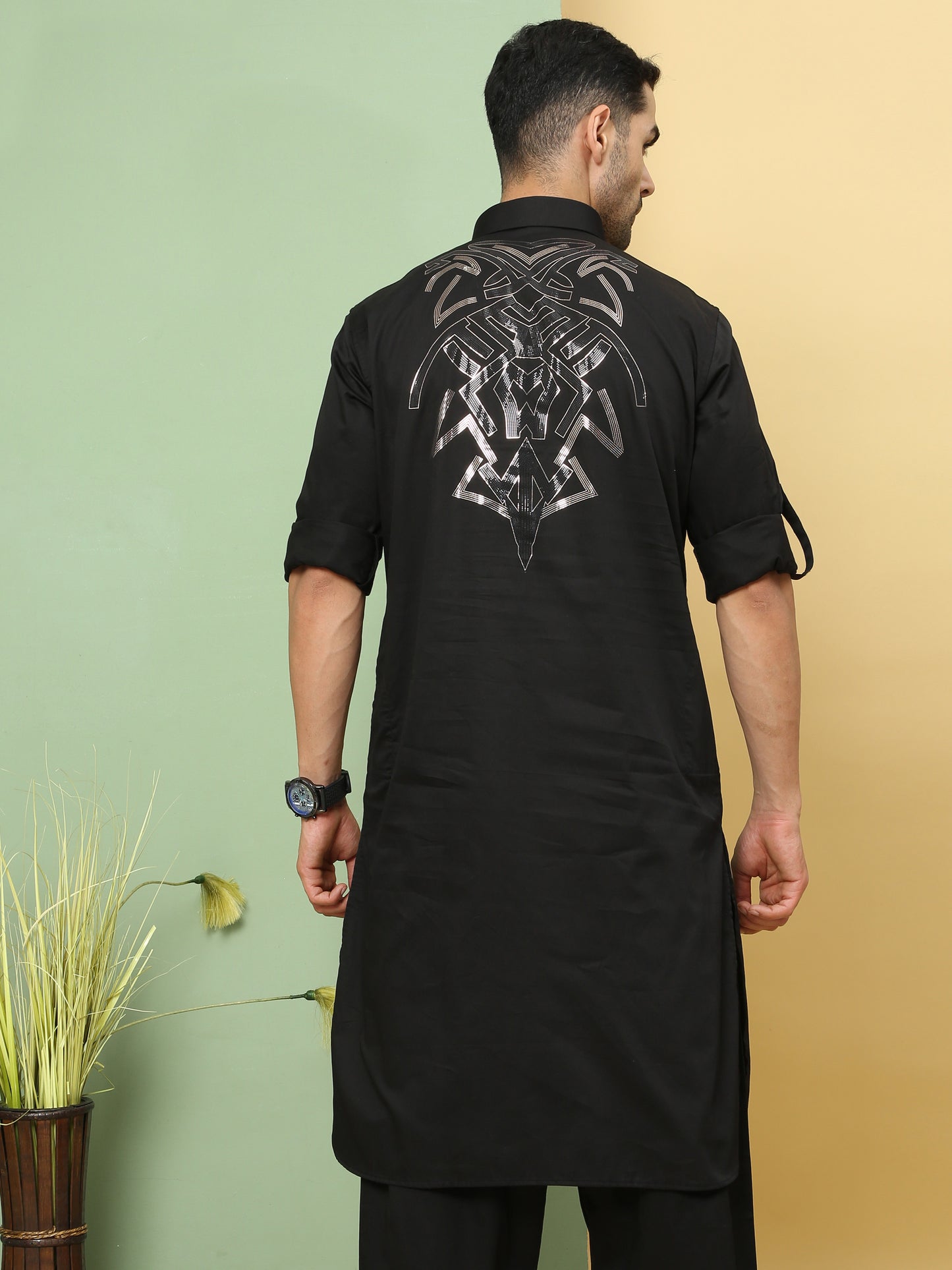 BLACK SOLID PATHANI KURTA SET