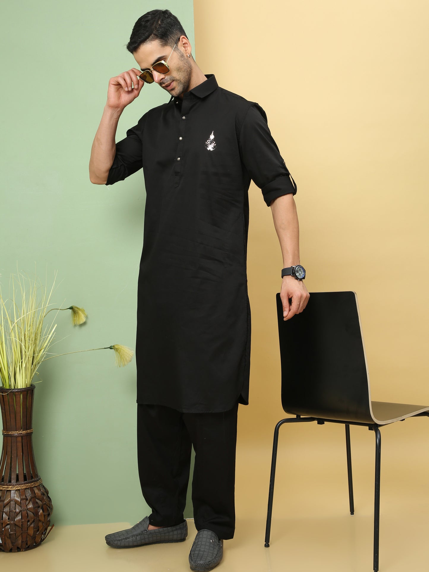 BLACK SOLID PATHANI KURTA SET