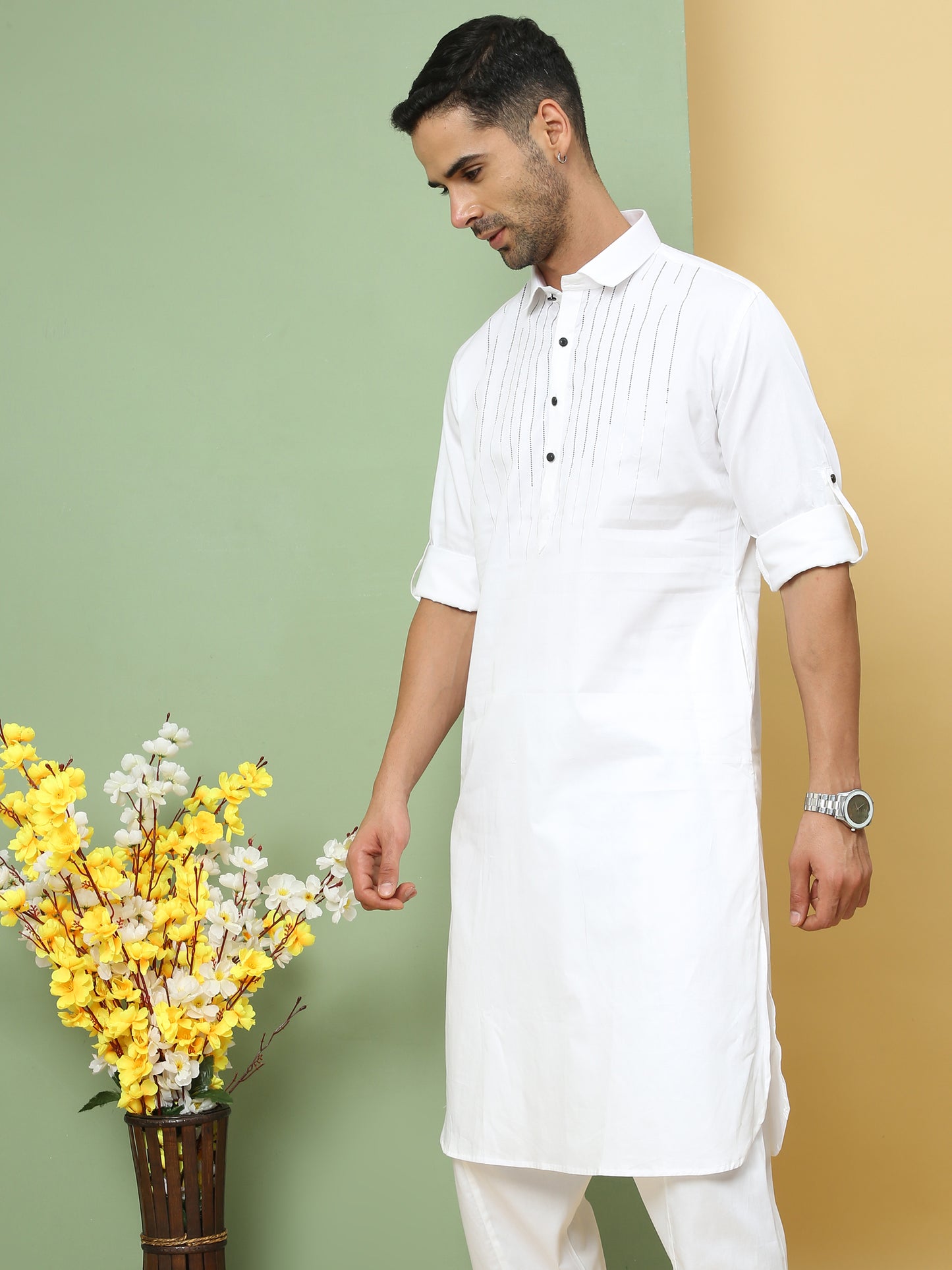 WHITE SOLID PATHANI KURTA SET