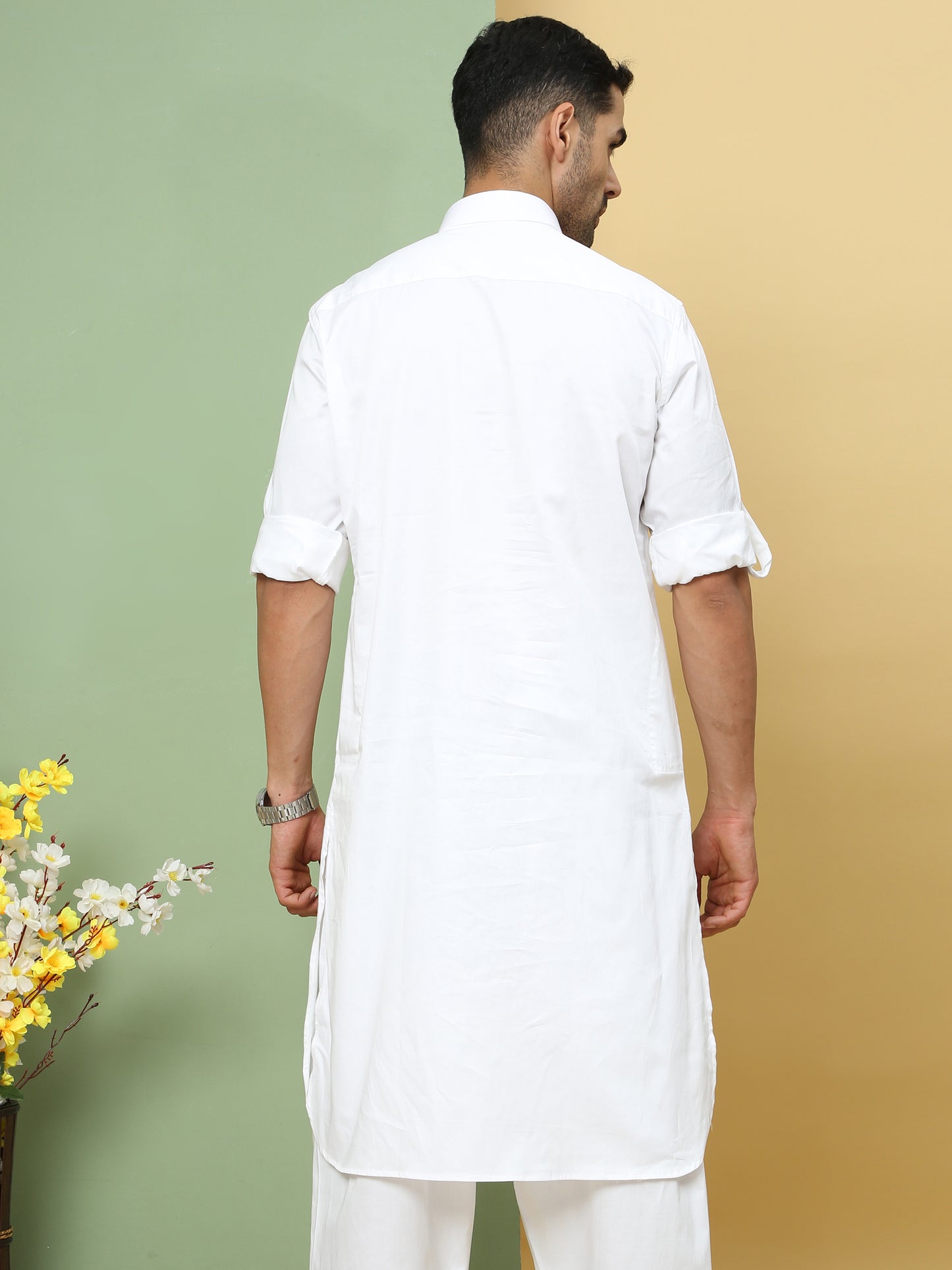 WHITE SOLID PATHANI KURTA SET