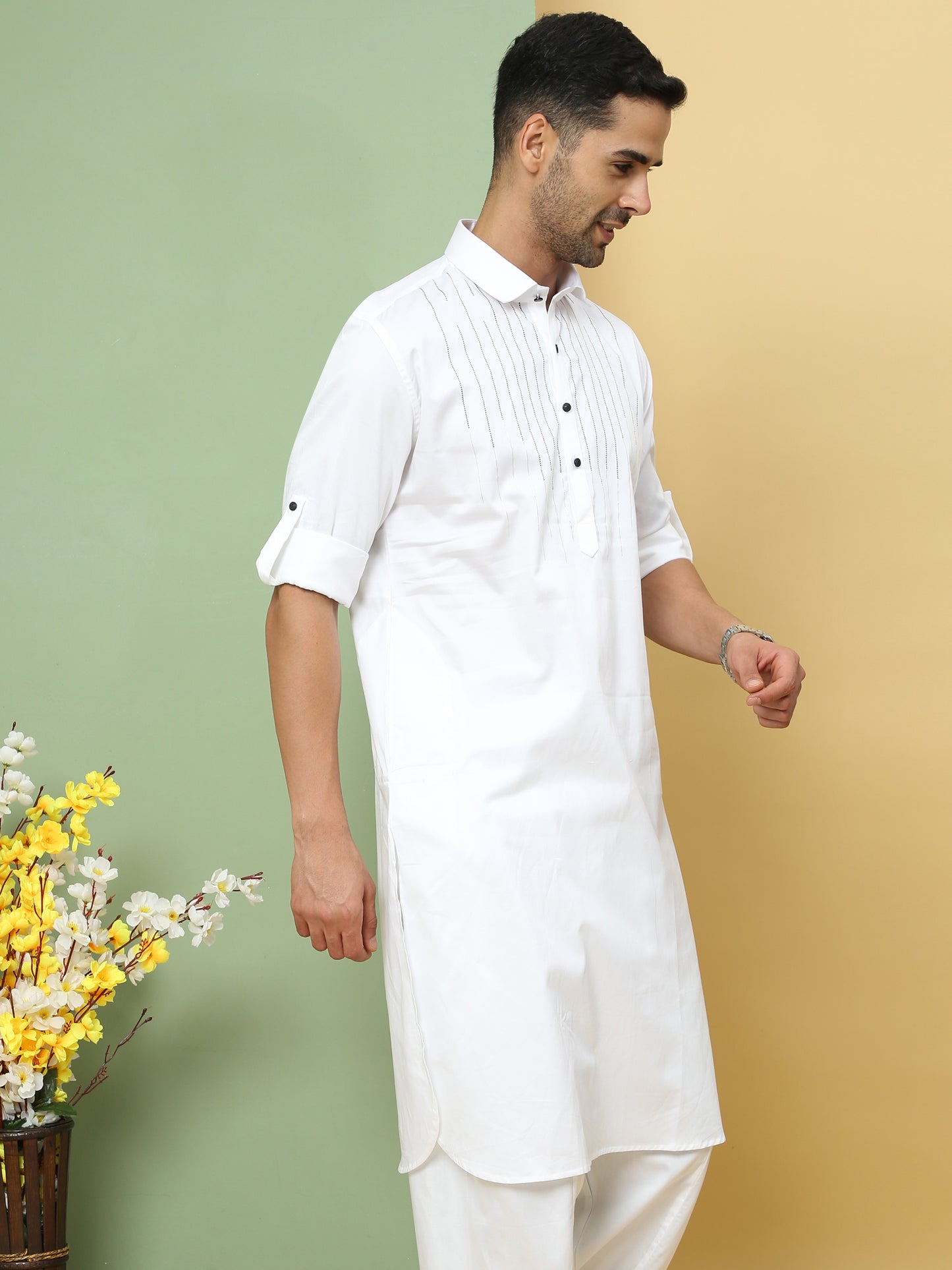 WHITE SOLID PATHANI KURTA SET