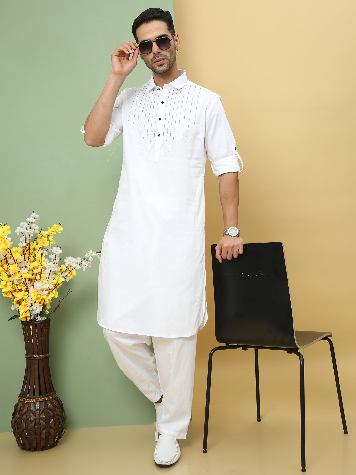 WHITE SOLID PATHANI KURTA SET