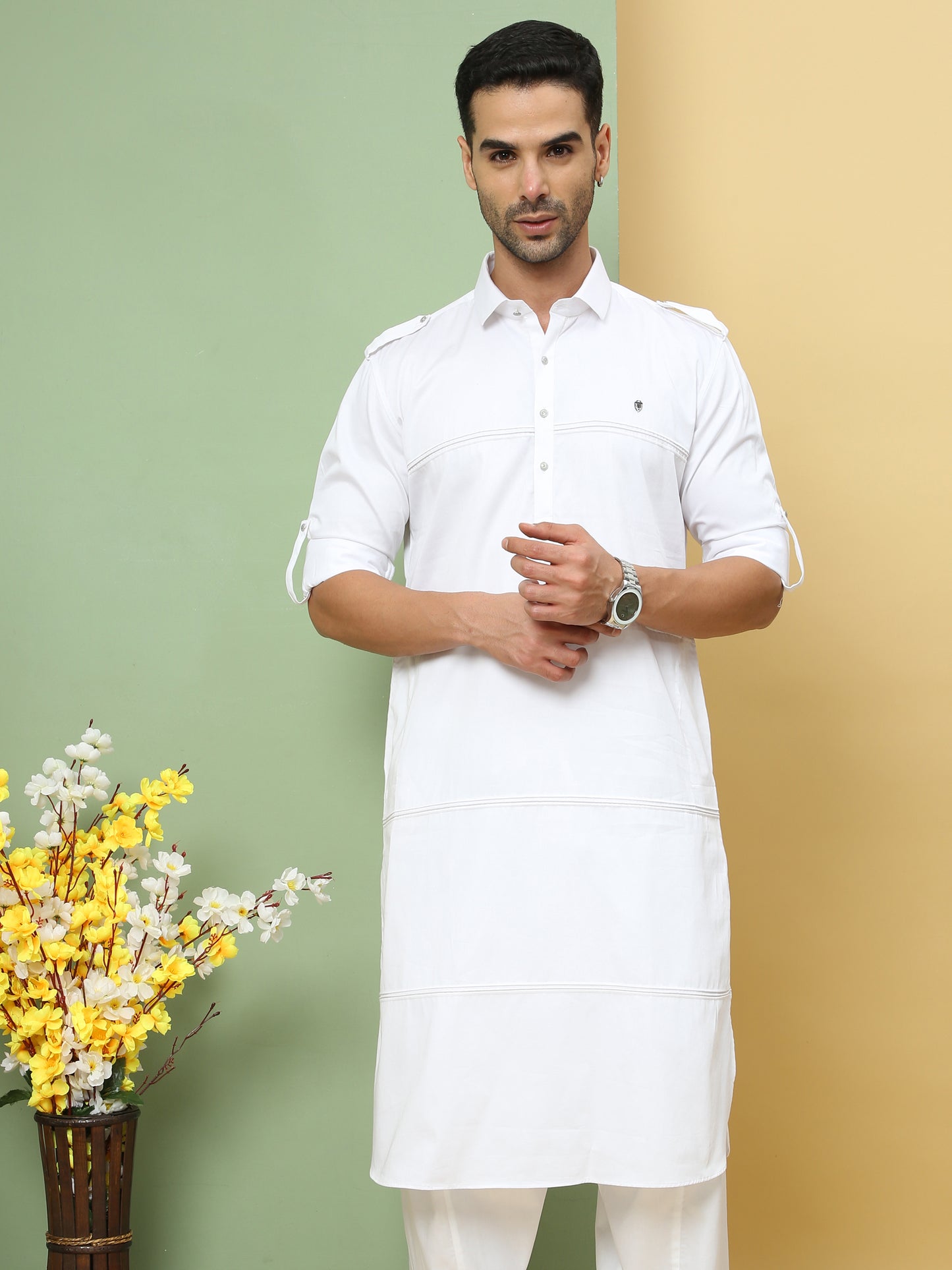 WHITE SOLID PATHANI KURTA SET