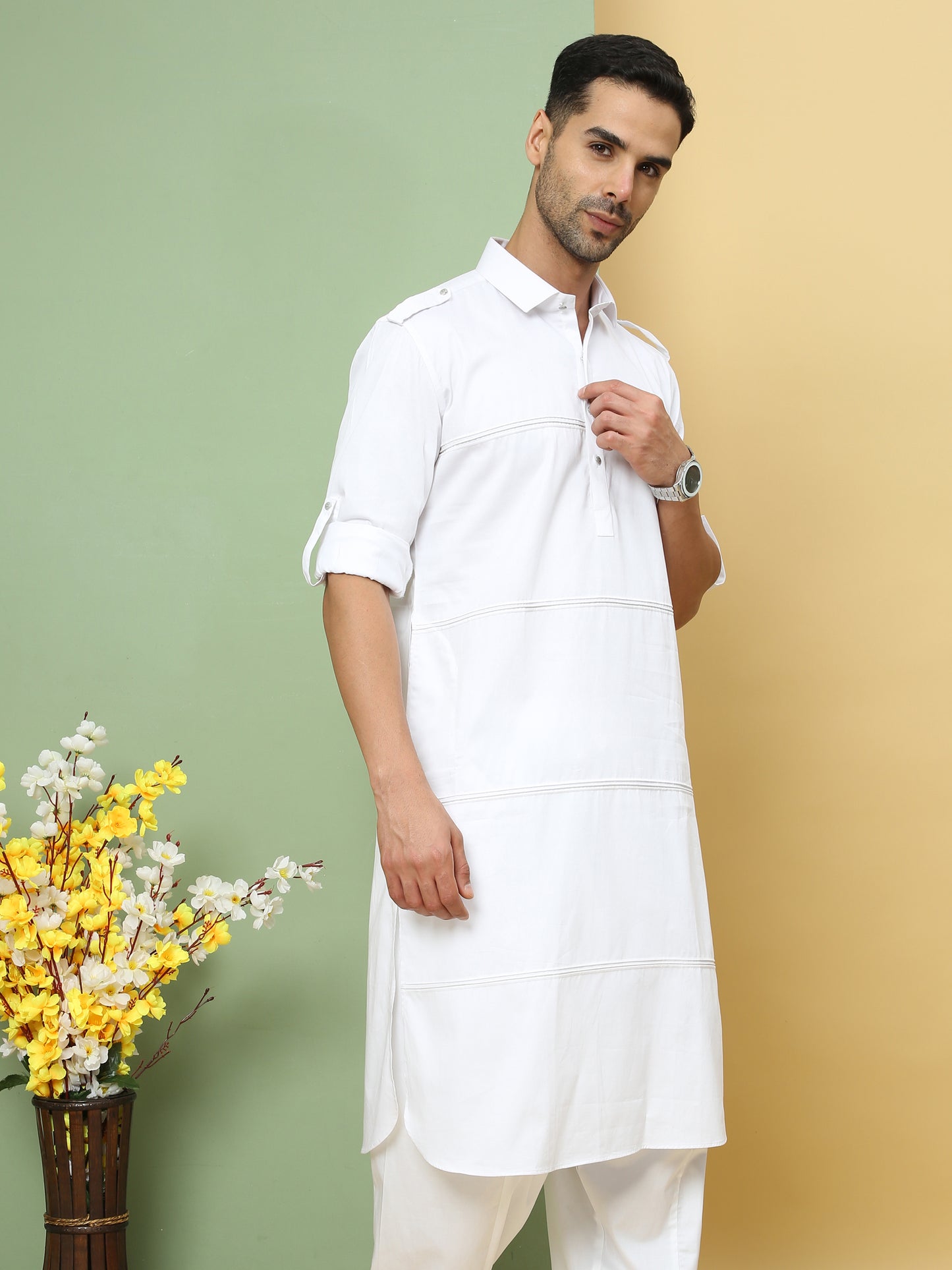 WHITE SOLID PATHANI KURTA SET