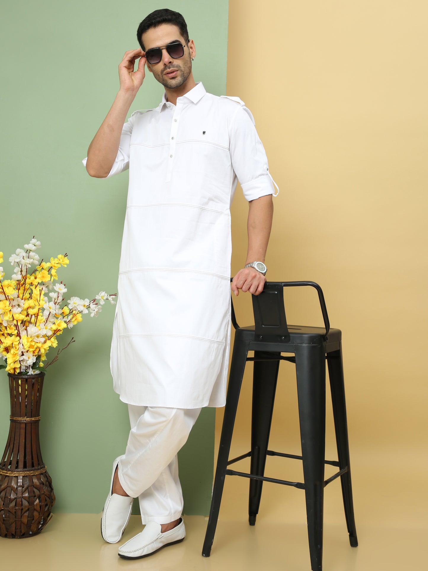 WHITE SOLID PATHANI KURTA SET