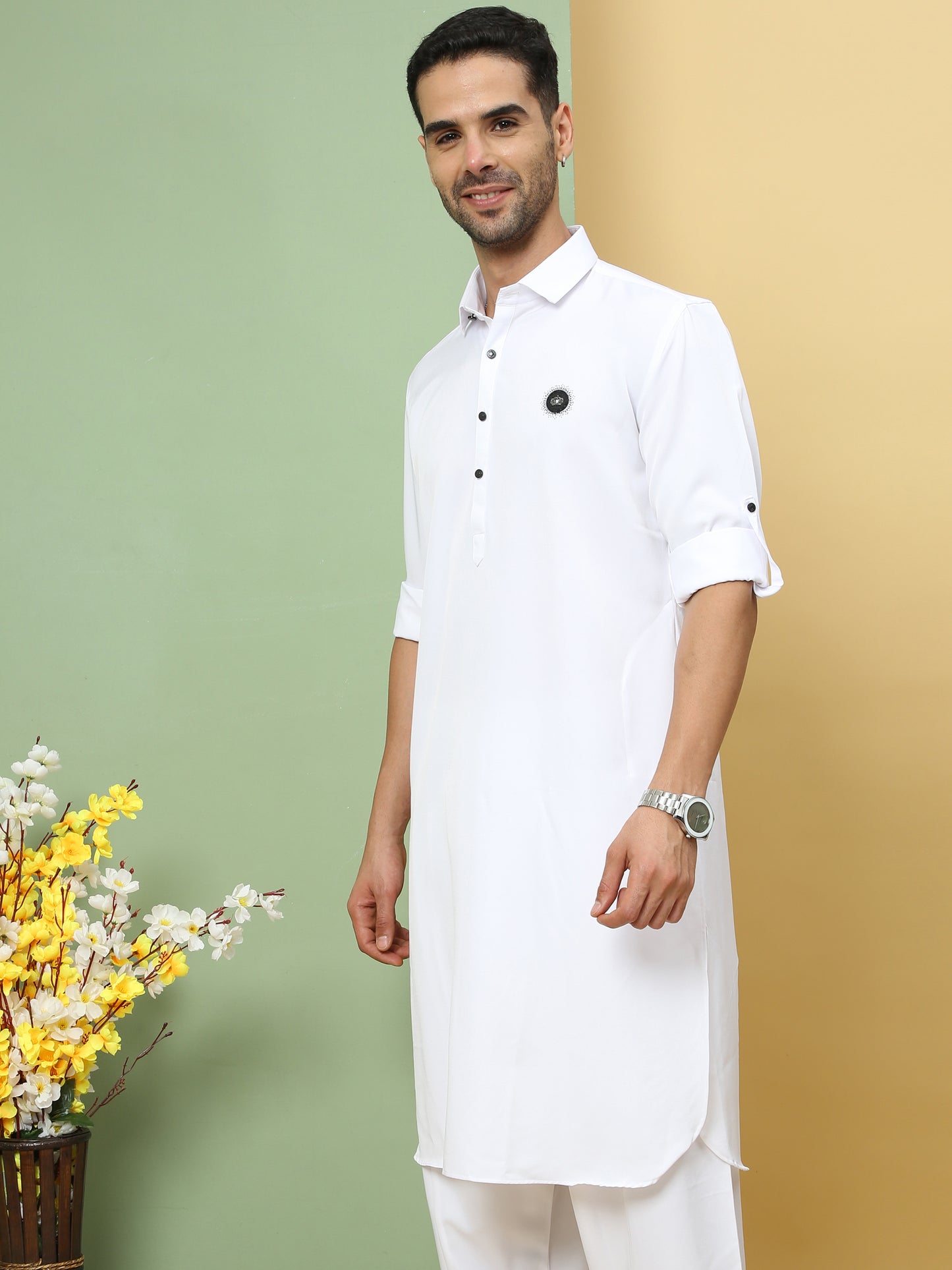 WHITE SOLID PATHANI KURTA SET