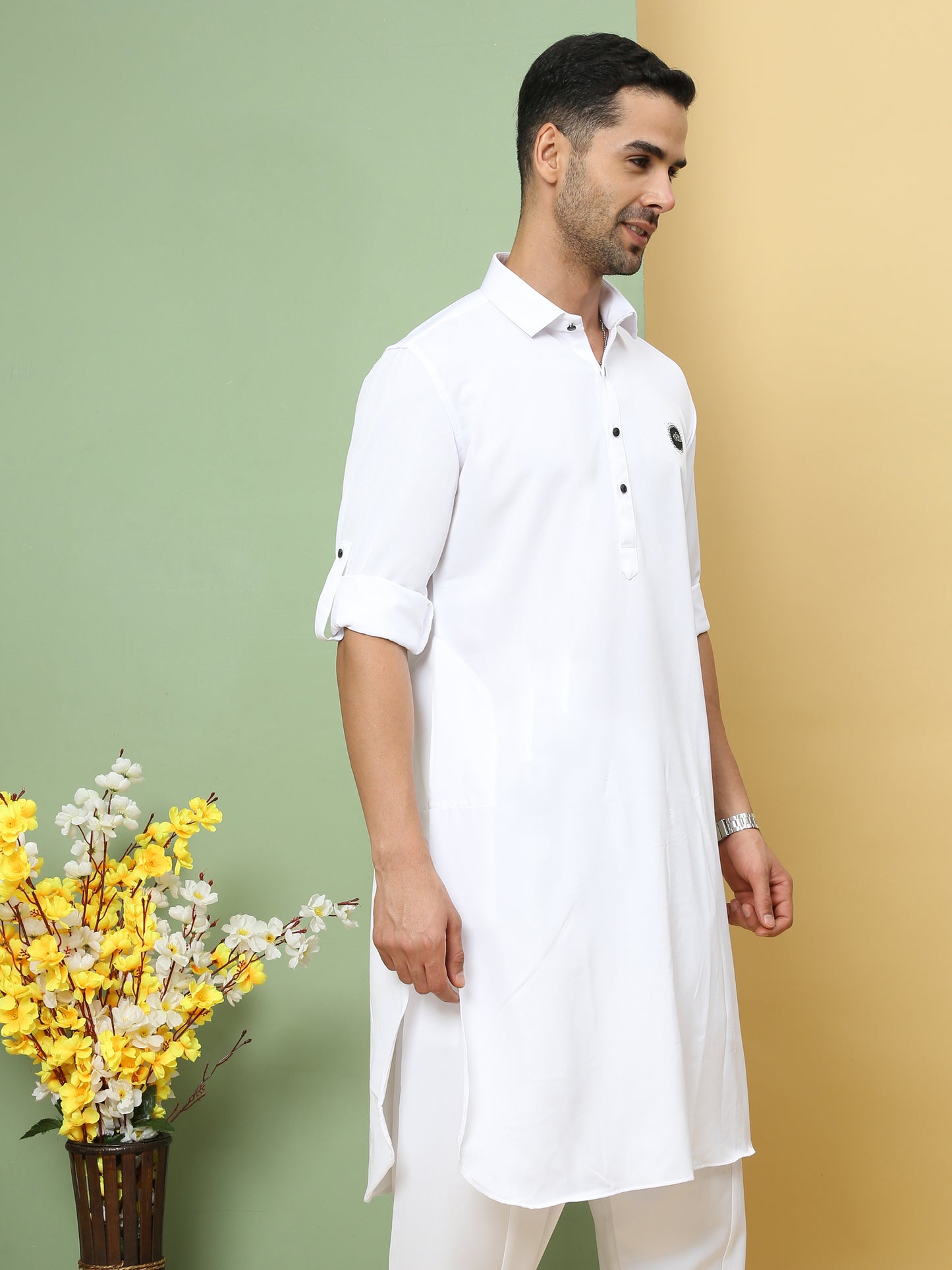 WHITE SOLID PATHANI KURTA SET