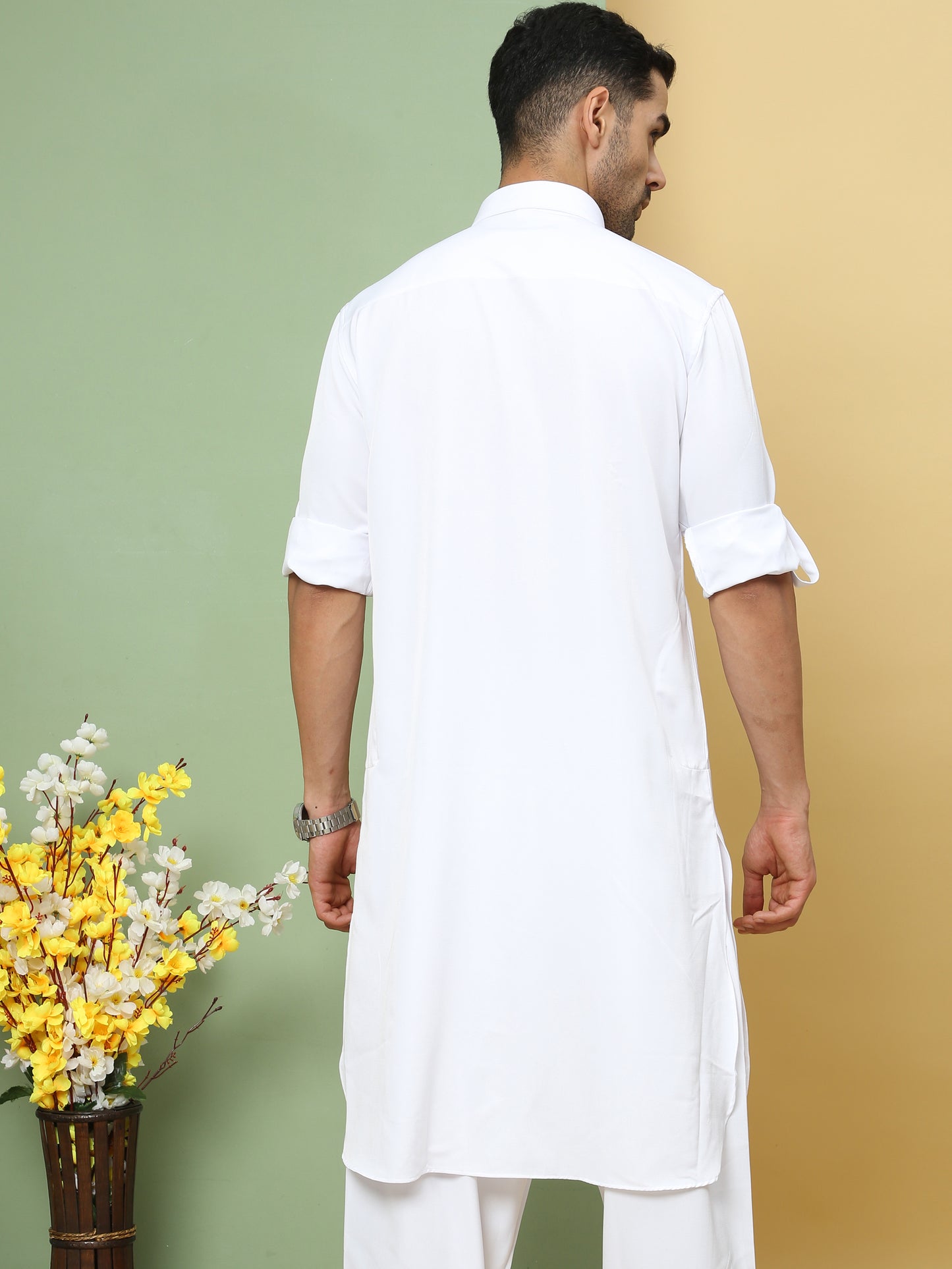 WHITE SOLID PATHANI KURTA SET