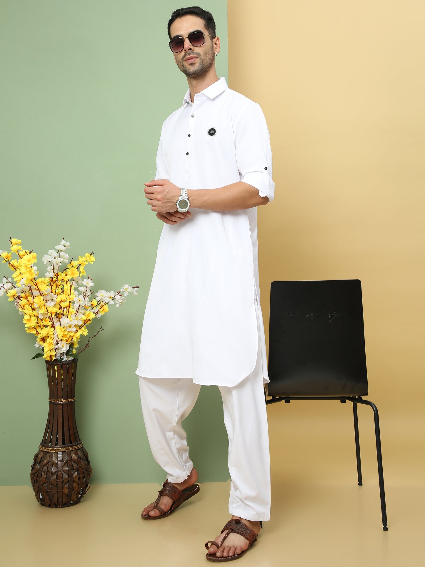 WHITE SOLID PATHANI KURTA SET