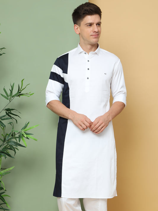 WHITE ASYMMETRIC PRINTED PATHANI KURTA SET