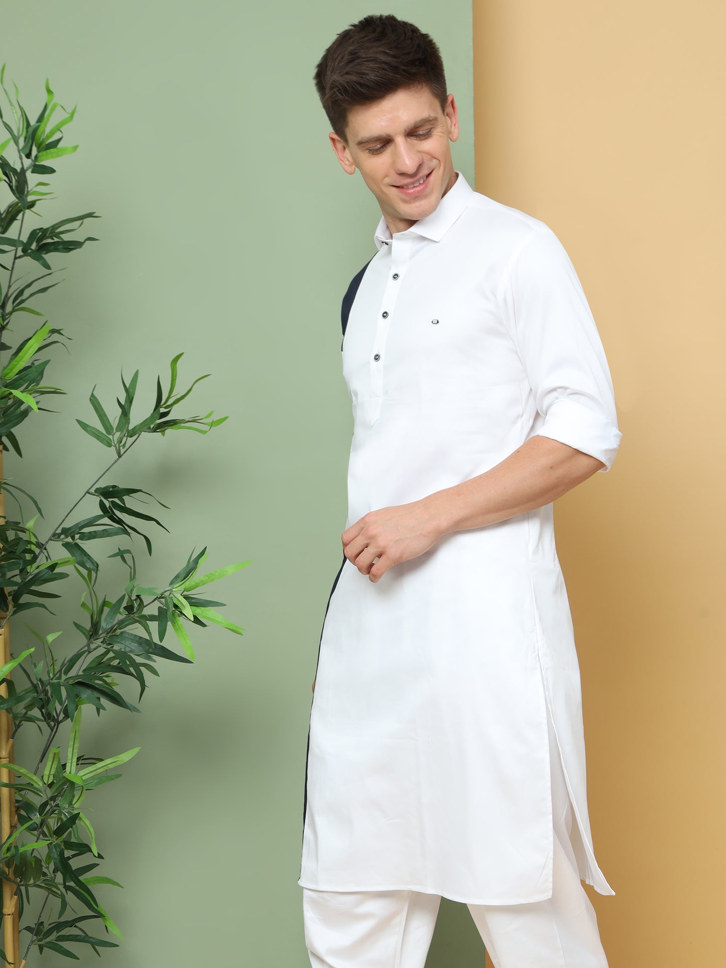 WHITE ASYMMETRIC PRINTED PATHANI KURTA SET