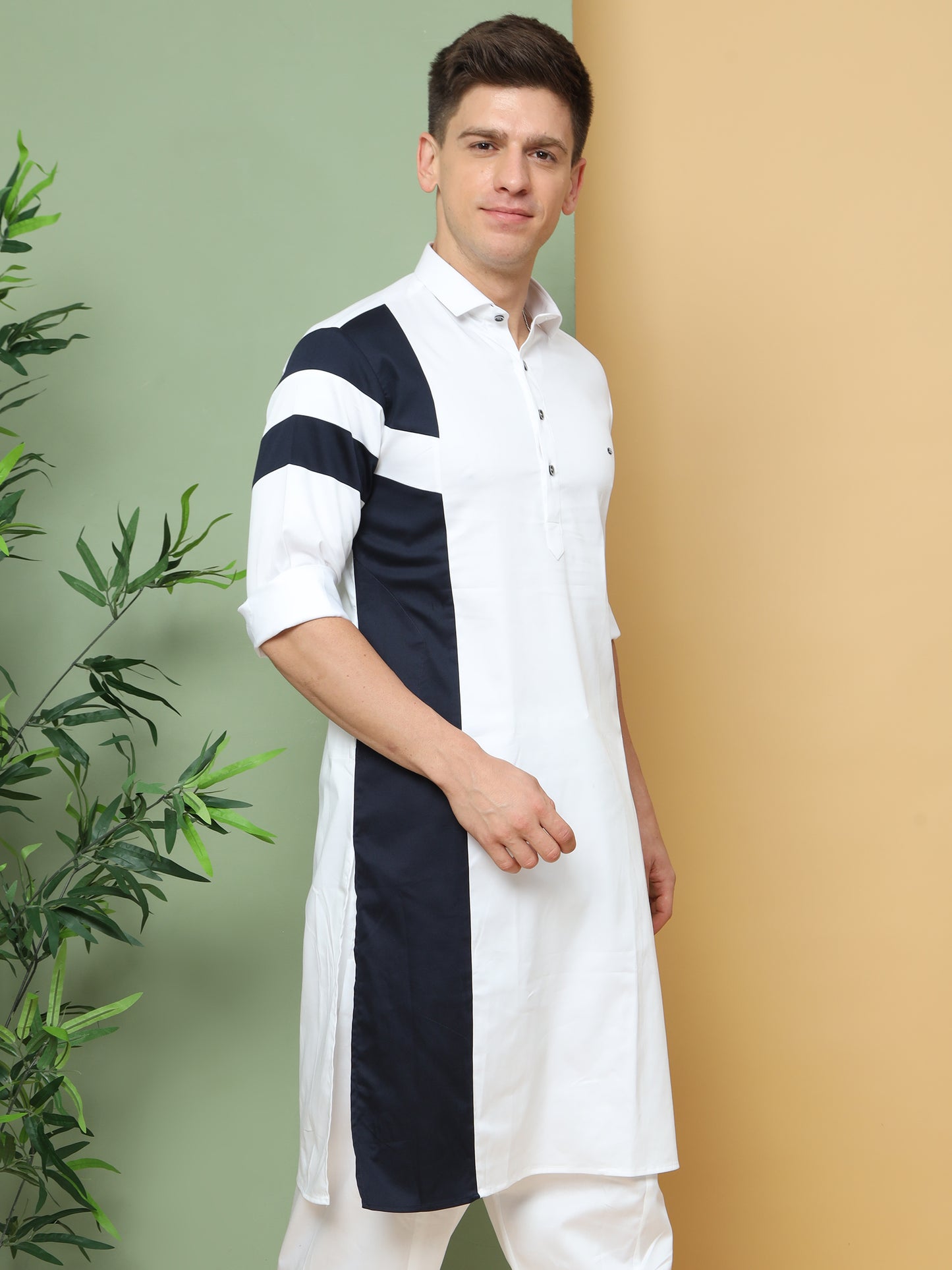 WHITE ASYMMETRIC PRINTED PATHANI KURTA SET