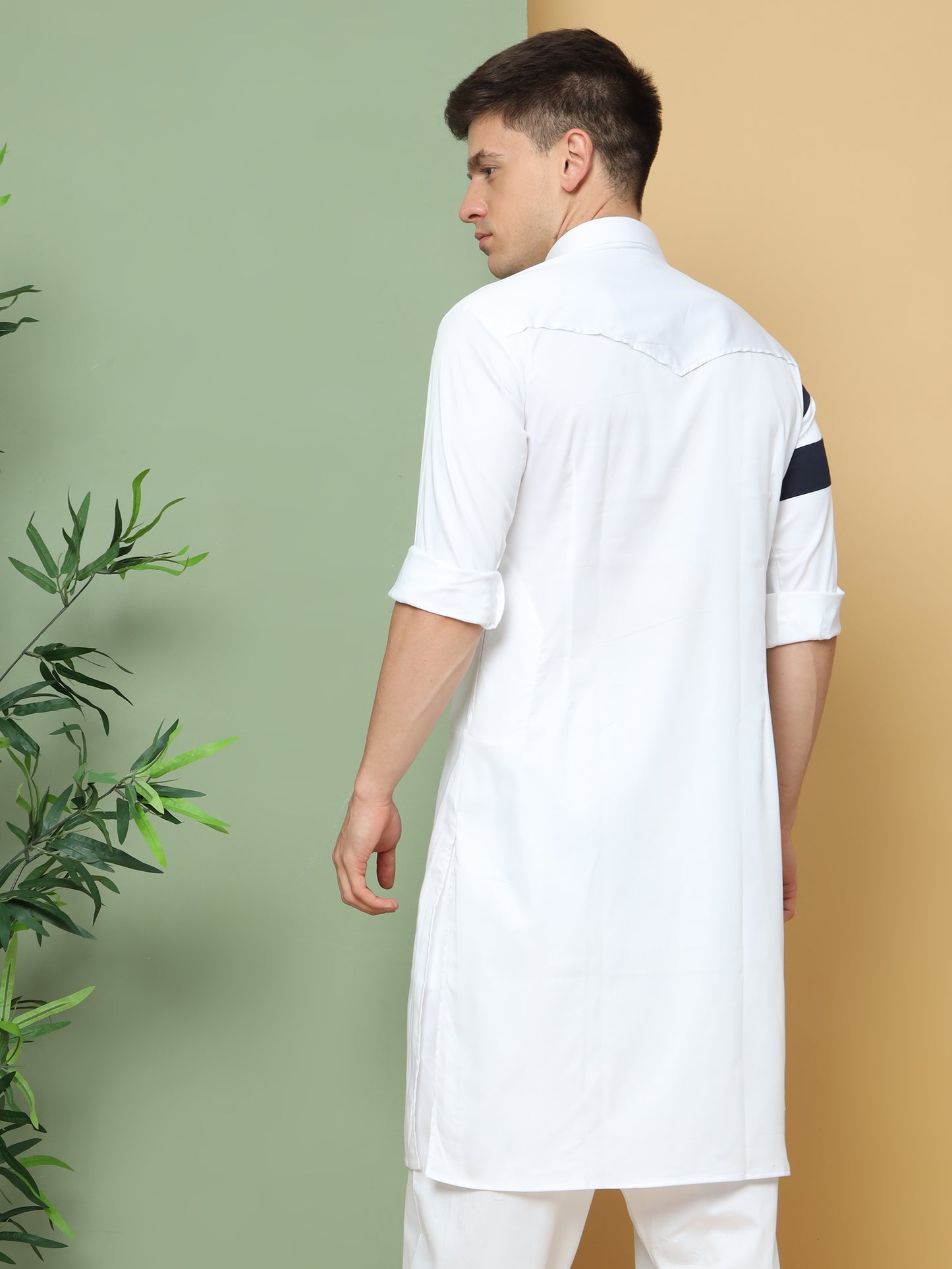 WHITE ASYMMETRIC PRINTED PATHANI KURTA SET