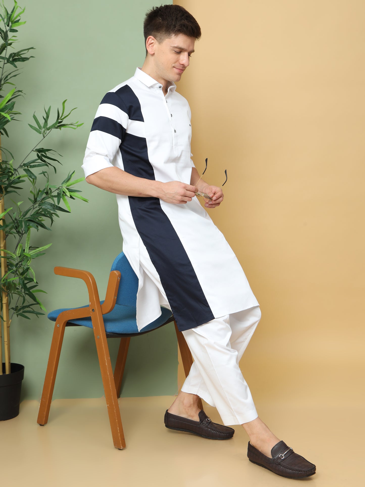 WHITE ASYMMETRIC PRINTED PATHANI KURTA SET