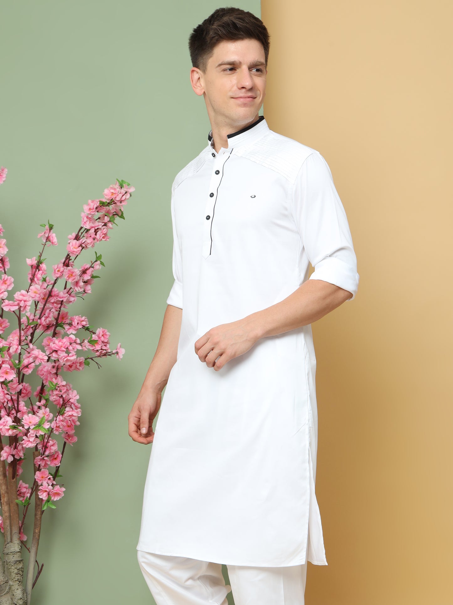 WHITE PATHANI KURTA SET WITH COLLAR BLACK PIPPING