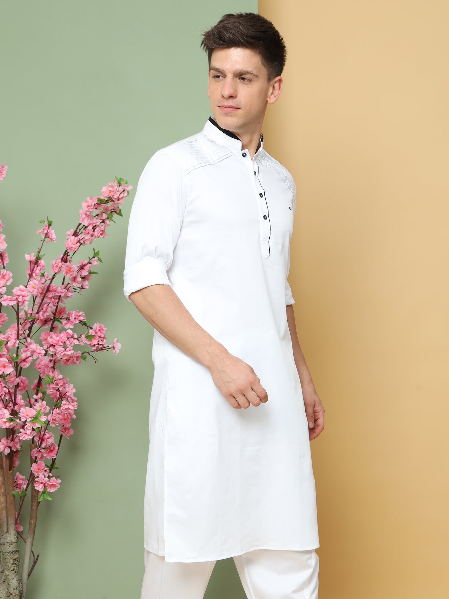 WHITE PATHANI KURTA SET WITH COLLAR BLACK PIPPING