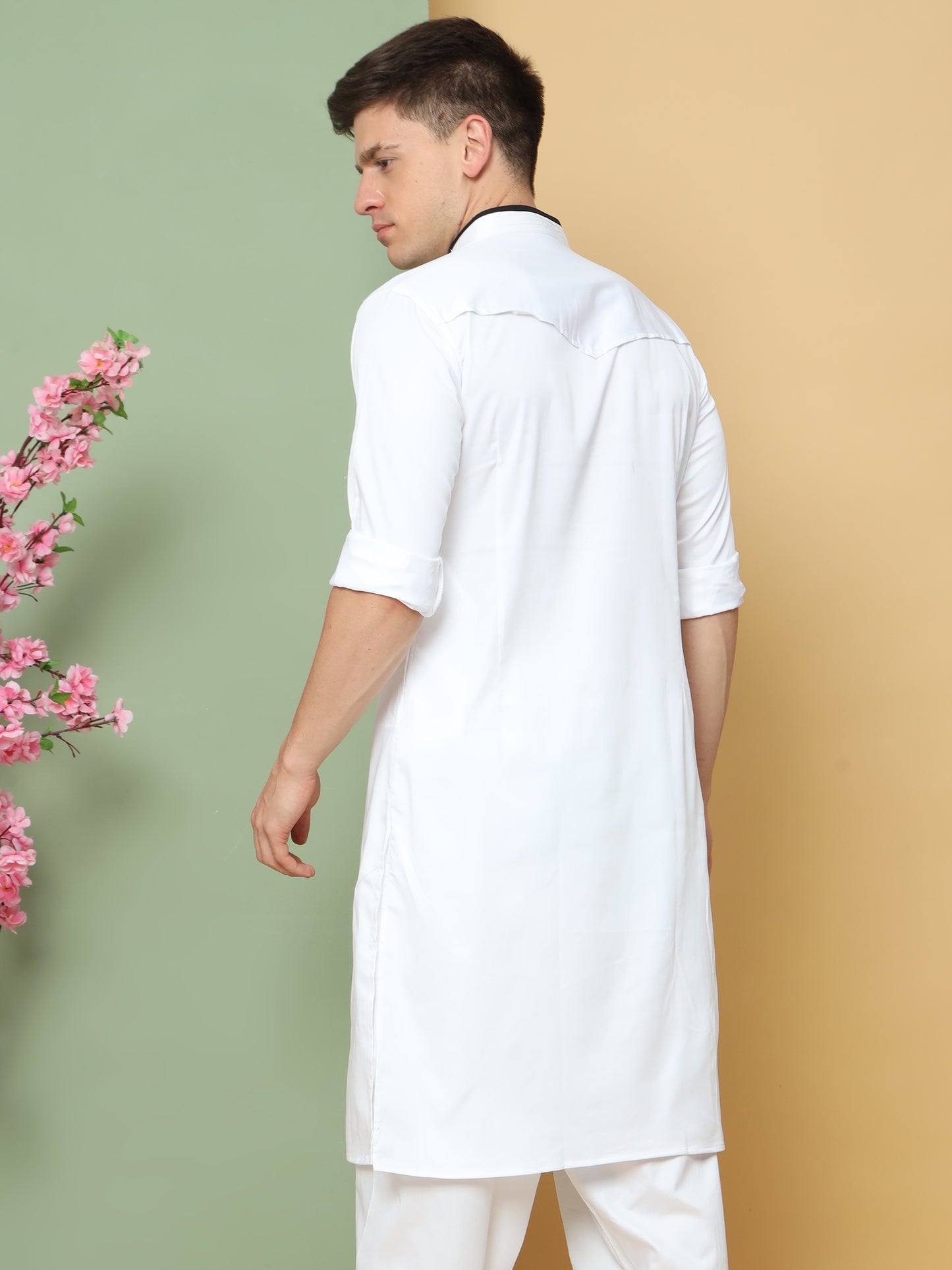 WHITE PATHANI KURTA SET WITH COLLAR BLACK PIPPING