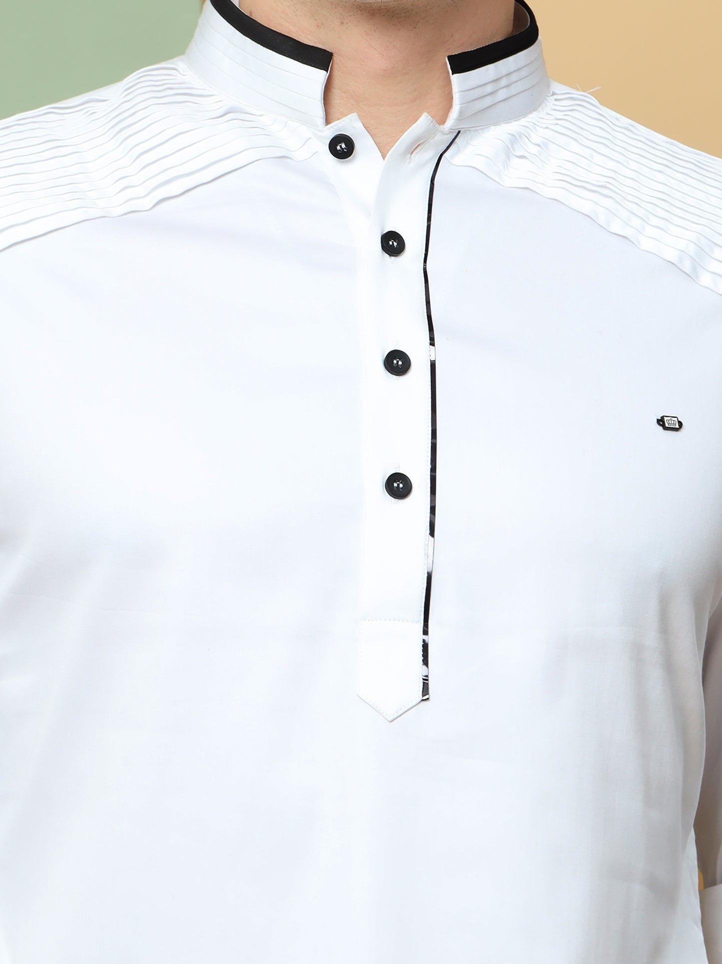WHITE PATHANI KURTA SET WITH COLLAR BLACK PIPPING